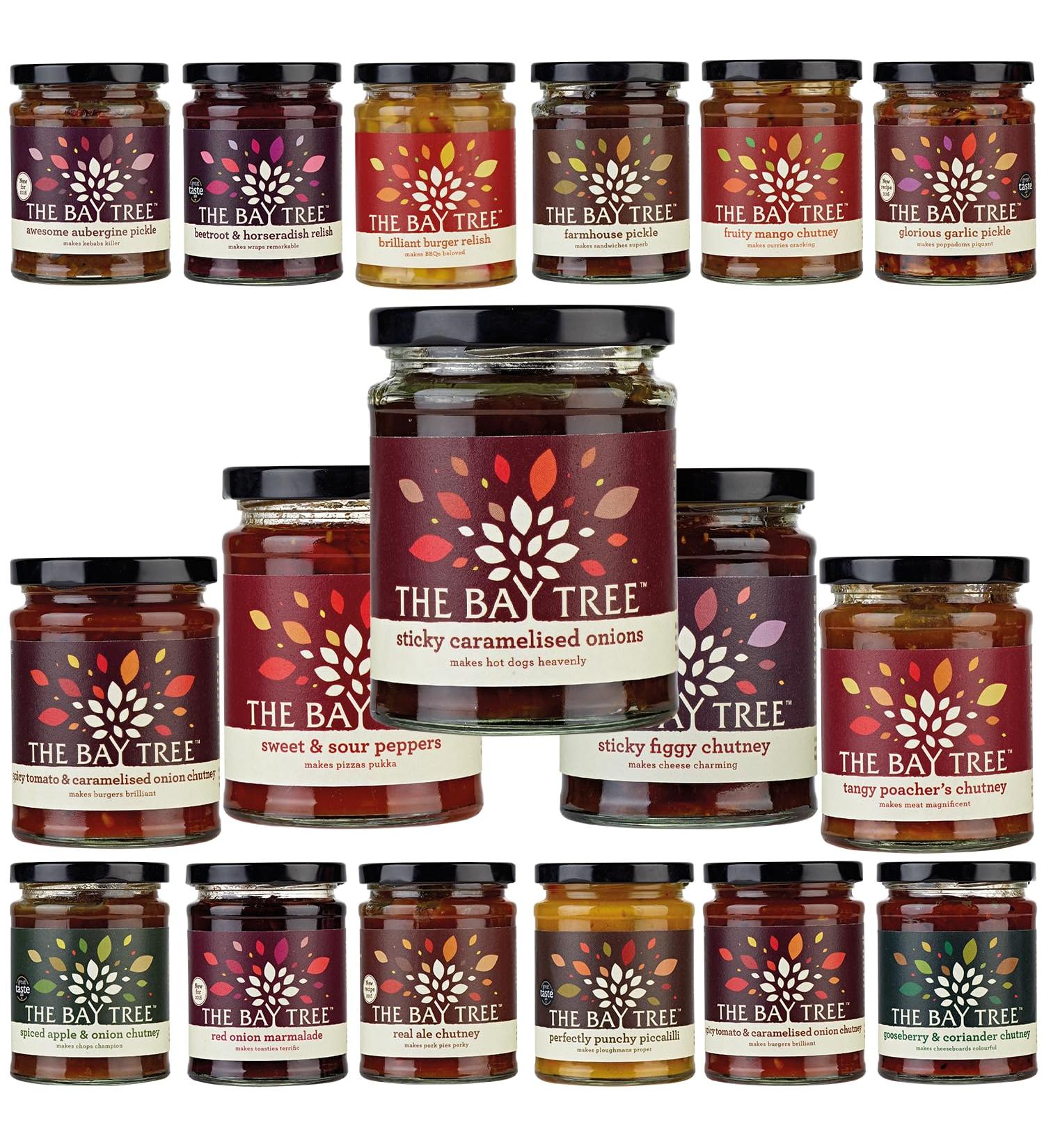 The Bay Tree Chutney Pickle Pick N Mix - Choose From 10+ Flavours | Spicy Tomato & Caramelised Onion Hot Chilli Sticky Figgy Fruity Mango Farmhouse Pickle & More - Pack of 4 - Buy Online on SooperMarket.com