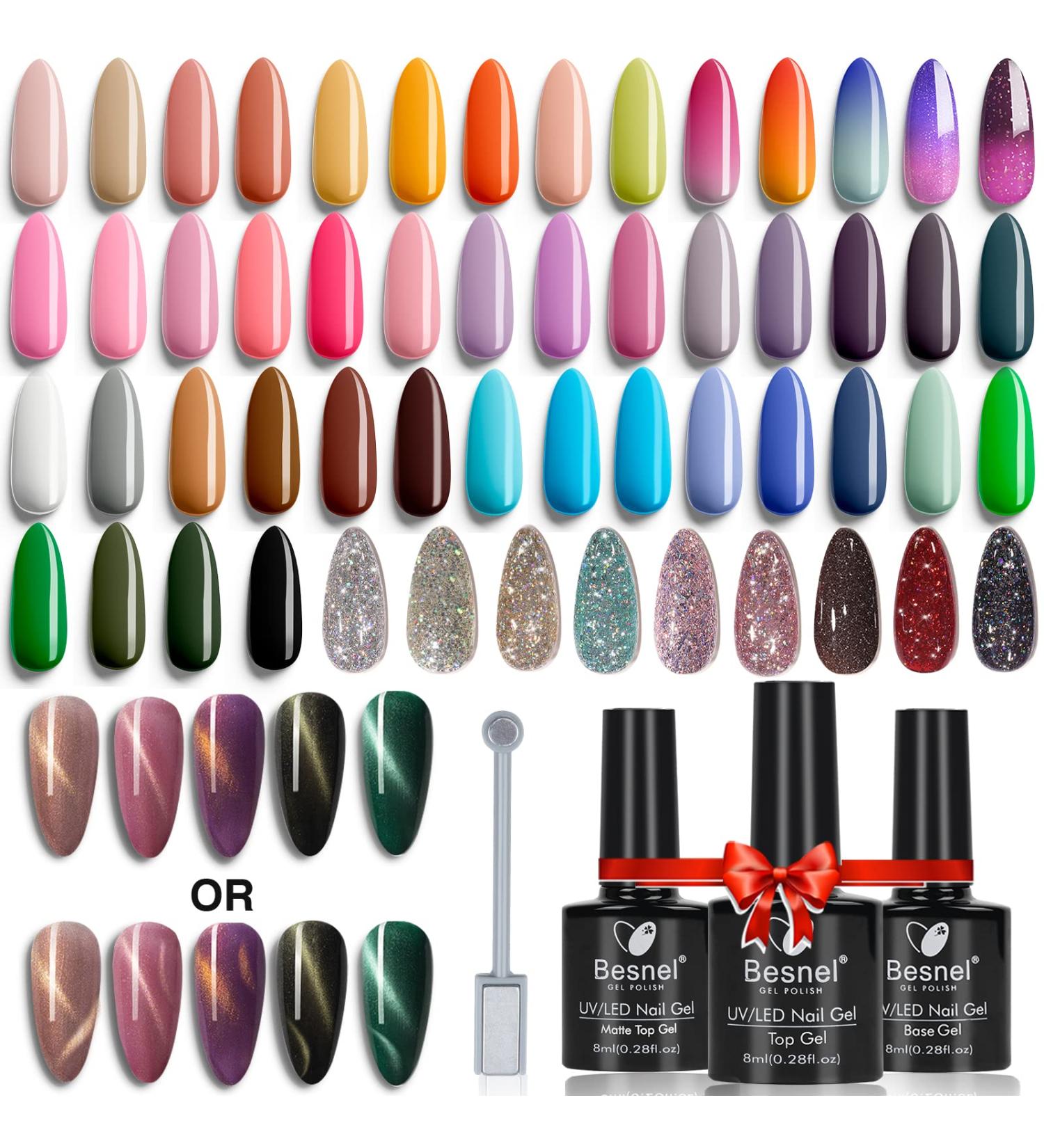 Besnel 60 Colors Nail Polish Kit - Gel Polish Set with Glitter, Cat Eyes, Temperature Changing Colors - Base Coat and Top Coat Included - Perfect Nail Art Starter Gifts - Buy Online on SooperMarket.com