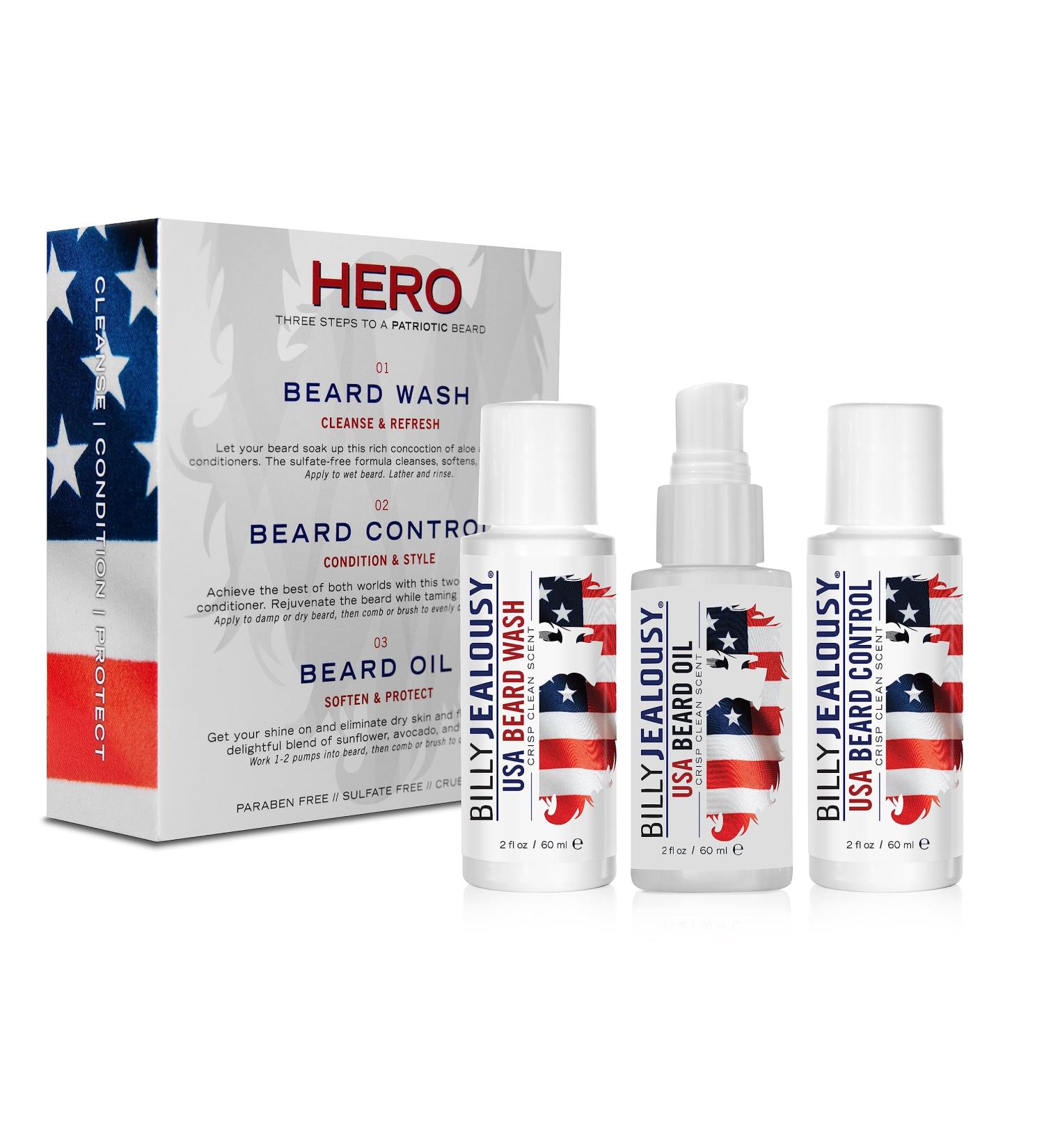 Billy Jealousy USA Hero Kit - Beard Wash Leave-In Control & Oil for Nourishing & Softening Facial Hair | International Shipping - Buy Online on SooperMarket.com