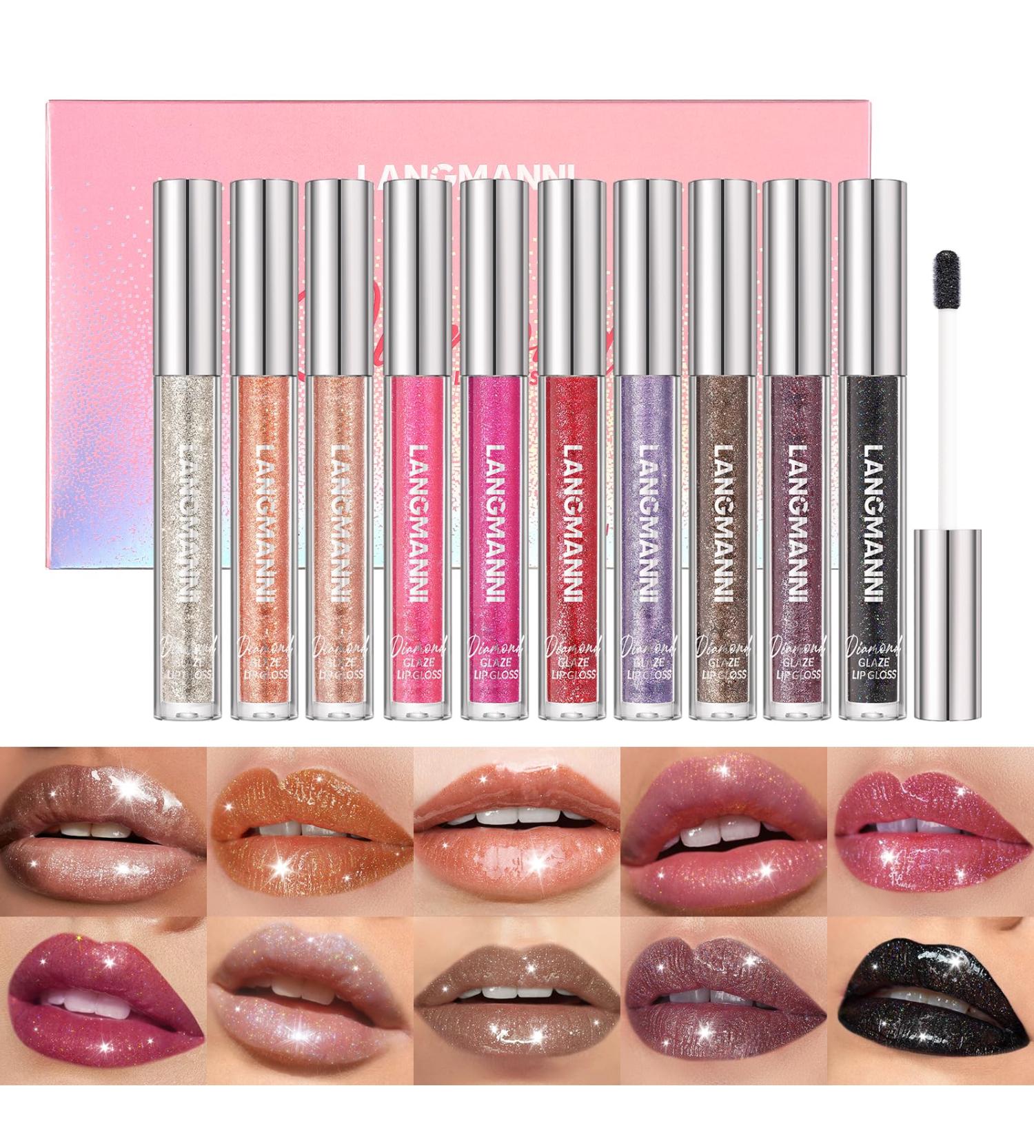 LANGMANNI 10 Colors High Shine Lipgloss Set - Diamond Gliter Shimmer Liquid Lipstick Kit for Girls - Buy Online on SooperMarket.com