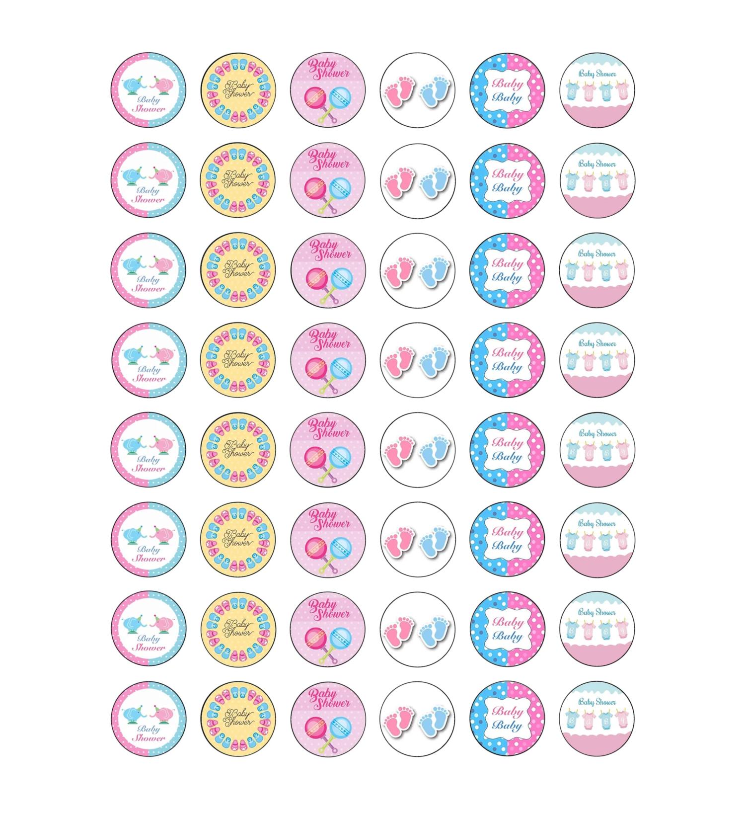 48 Pink & Blue Baby Shower Edible Wafer Paper Round Cake Toppers Decorations