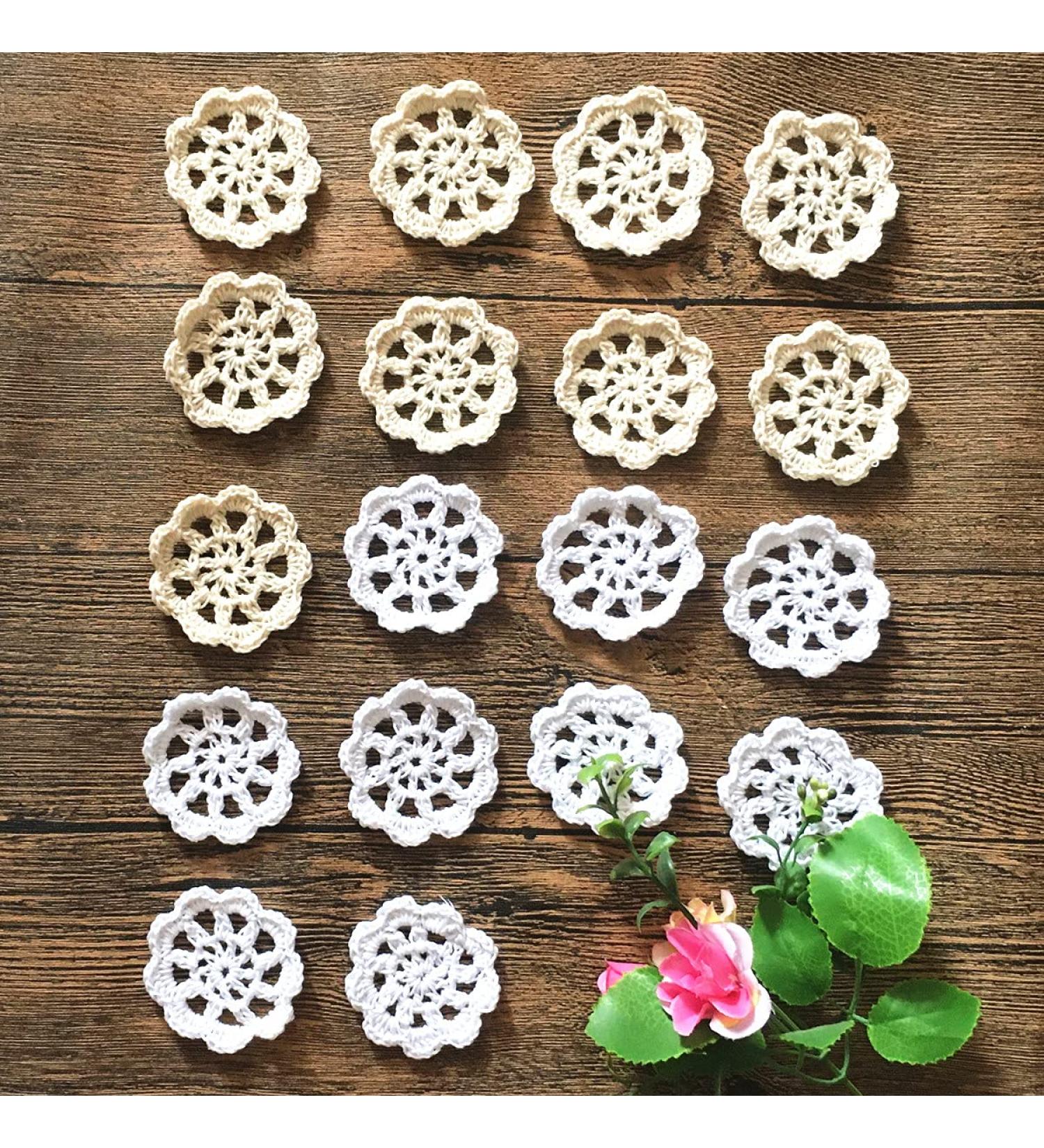 MINDPLUS 2 Inch Small Crocheted Lace Cotton Flowers Doilies Set of 18 in White and Beige - Buy Online on SooperMarket.com