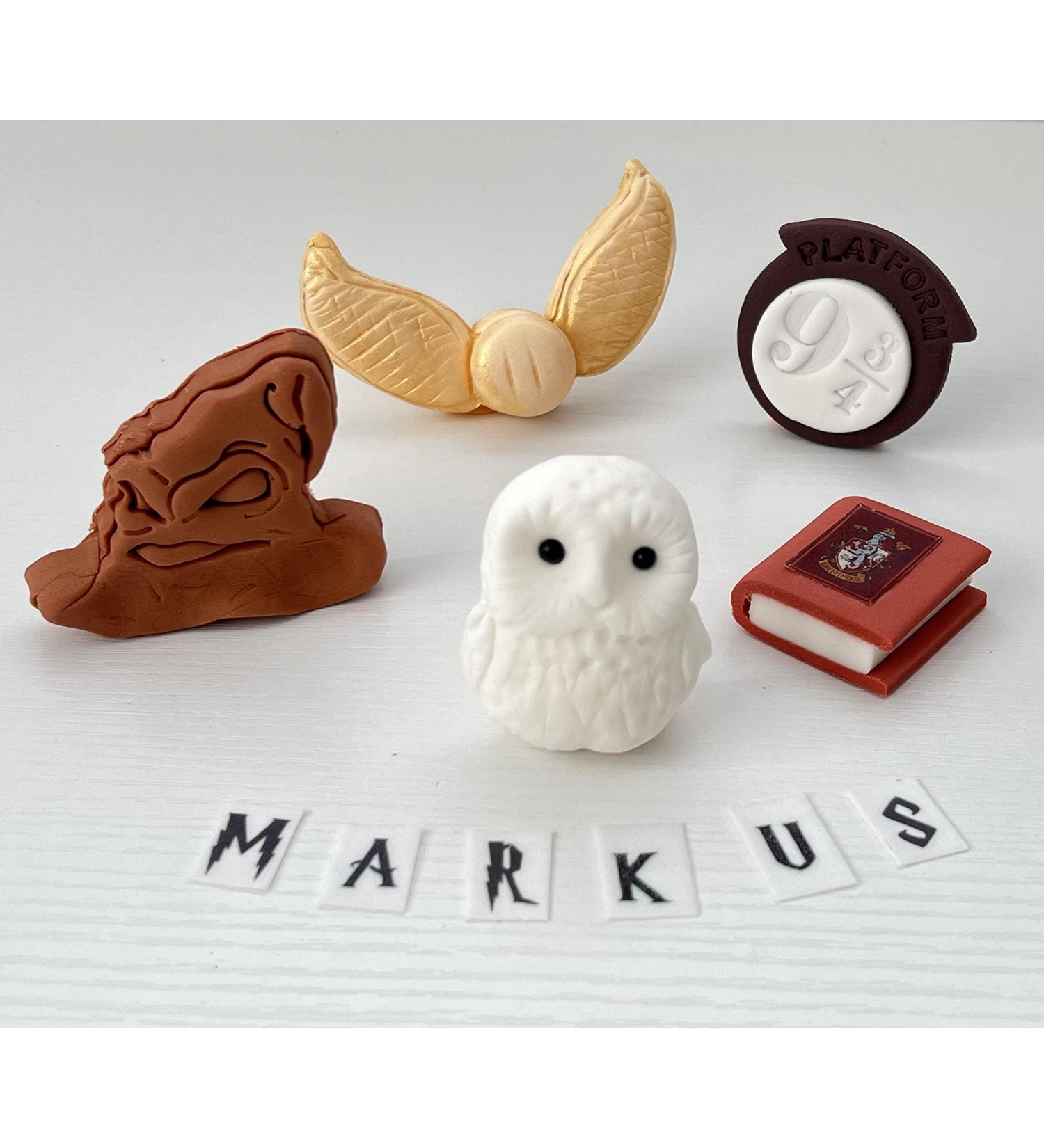 Harry Potter Personalised Cake Toppers Set - Kids Birthday Fondant Icing Wizard Decoration Supplies - Hedwig Owl Snitch Notebook Hat Platform Badge - Comes with an Edible Glue & Extra Gift - 5 Pcs - Buy Online on SooperMarket.com
