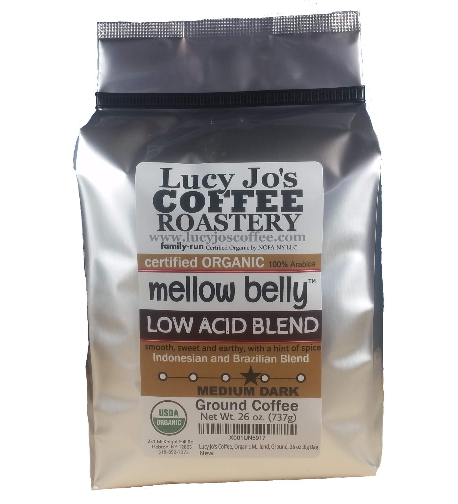 Lucy Jo's Coffee, Organic Mellow Belly Low Acid Blend, Ground, 11 oz (26 OZ) 1.62 Pound (Pack of 1)