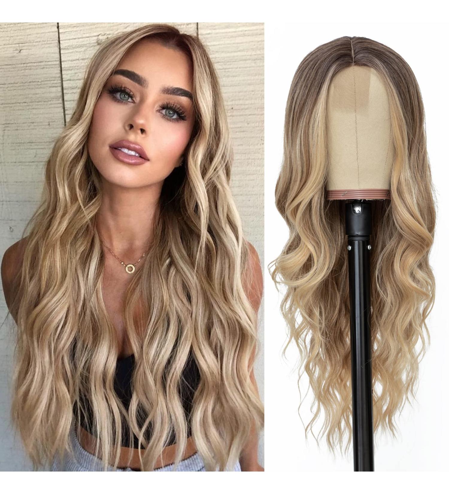 NAYOO 26 Inch Ombre Blonde Wavy Wig for Women - Natural Synthetic Heat Resistant Fiber - Middle Part Curly Wavy Wig for Daily & Party Use - Buy Online on SooperMarket.com