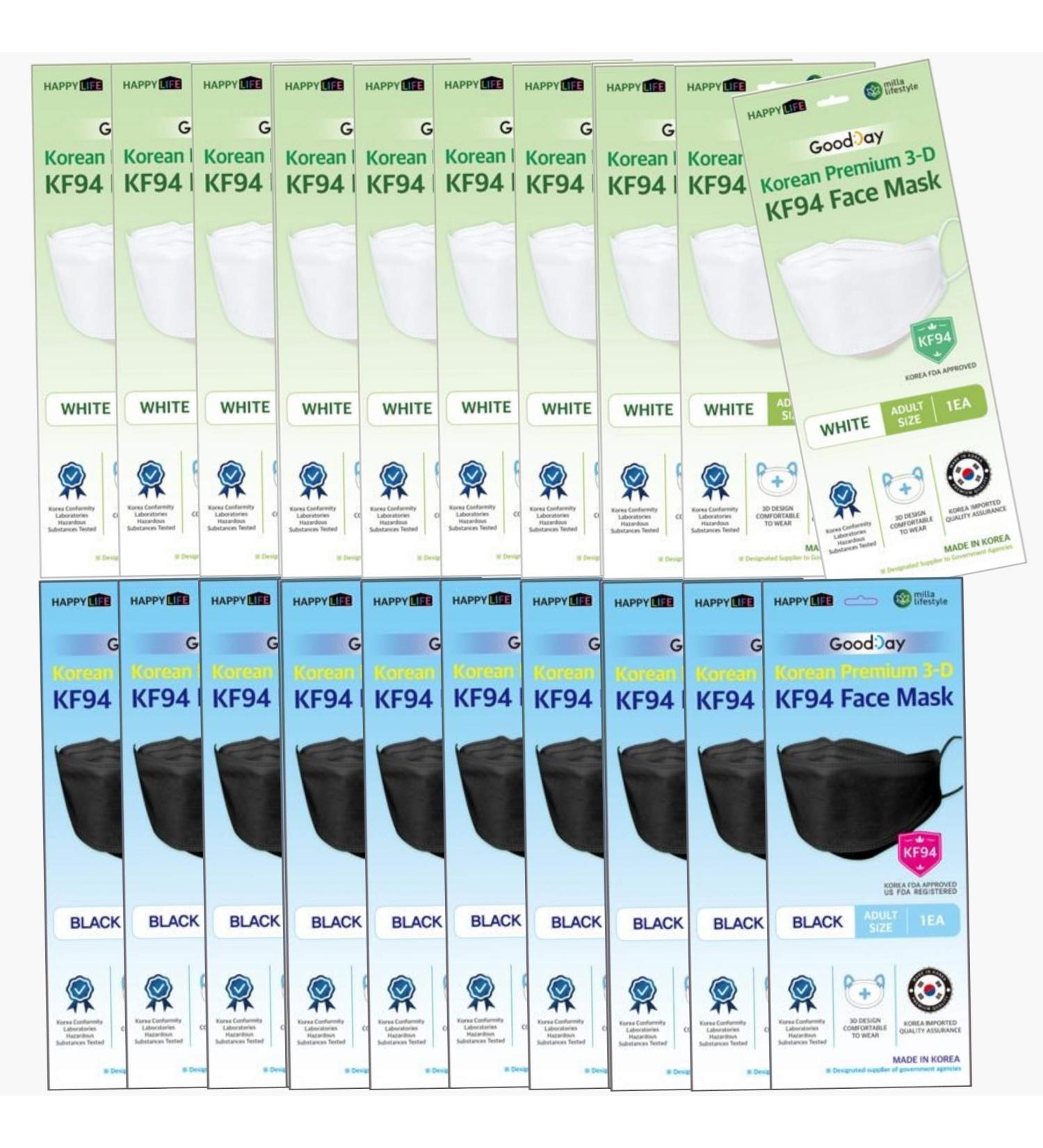 Premium 3D KF94 Face Masks - Pack of 20 (10 Black 10 White) - Made in Korea Disposable Protective Dust Masks - Buy Online on SooperMarket.com