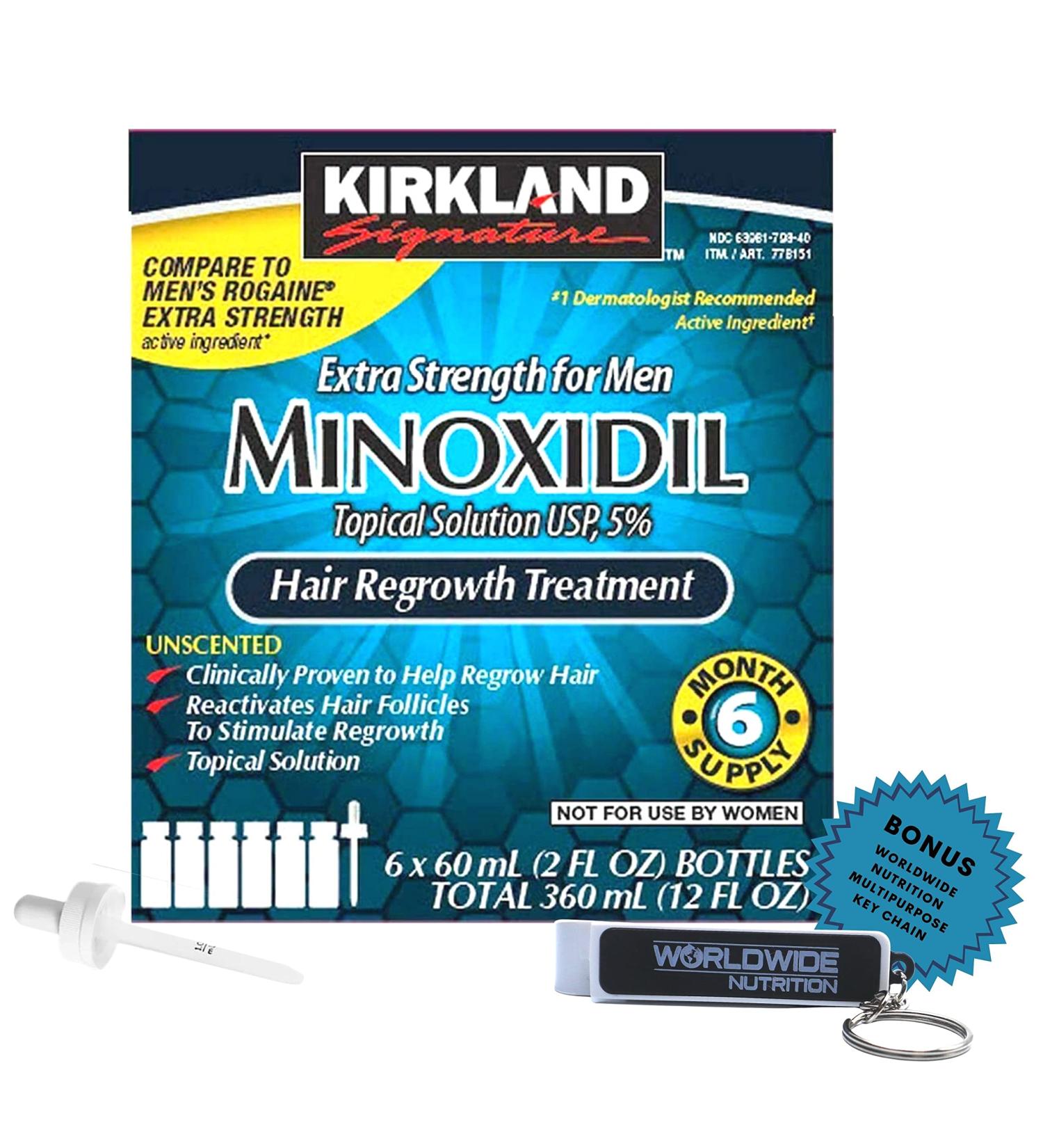 Kirkland Minoxidil 5% Extra Strength 6 Month Supply for Men - Hair Regrowth Treatment - 2 Fl Oz (Pack of 6) + Bonus Key Chain - Buy Online on SooperMarket.com