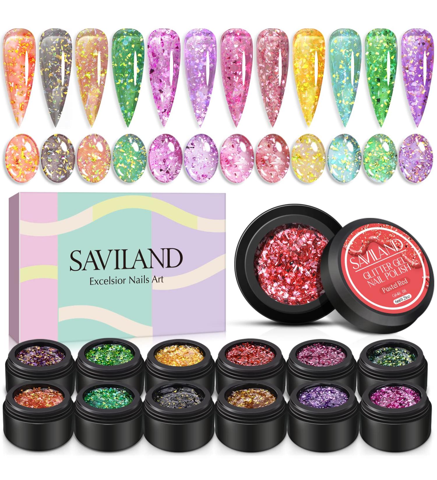Saviland Platinum Glitter Gel Nail Polish Set - 12 Colors | Soak Off Nail Art for Home DIY & Professionals - 6ML - Buy Online on SooperMarket.com