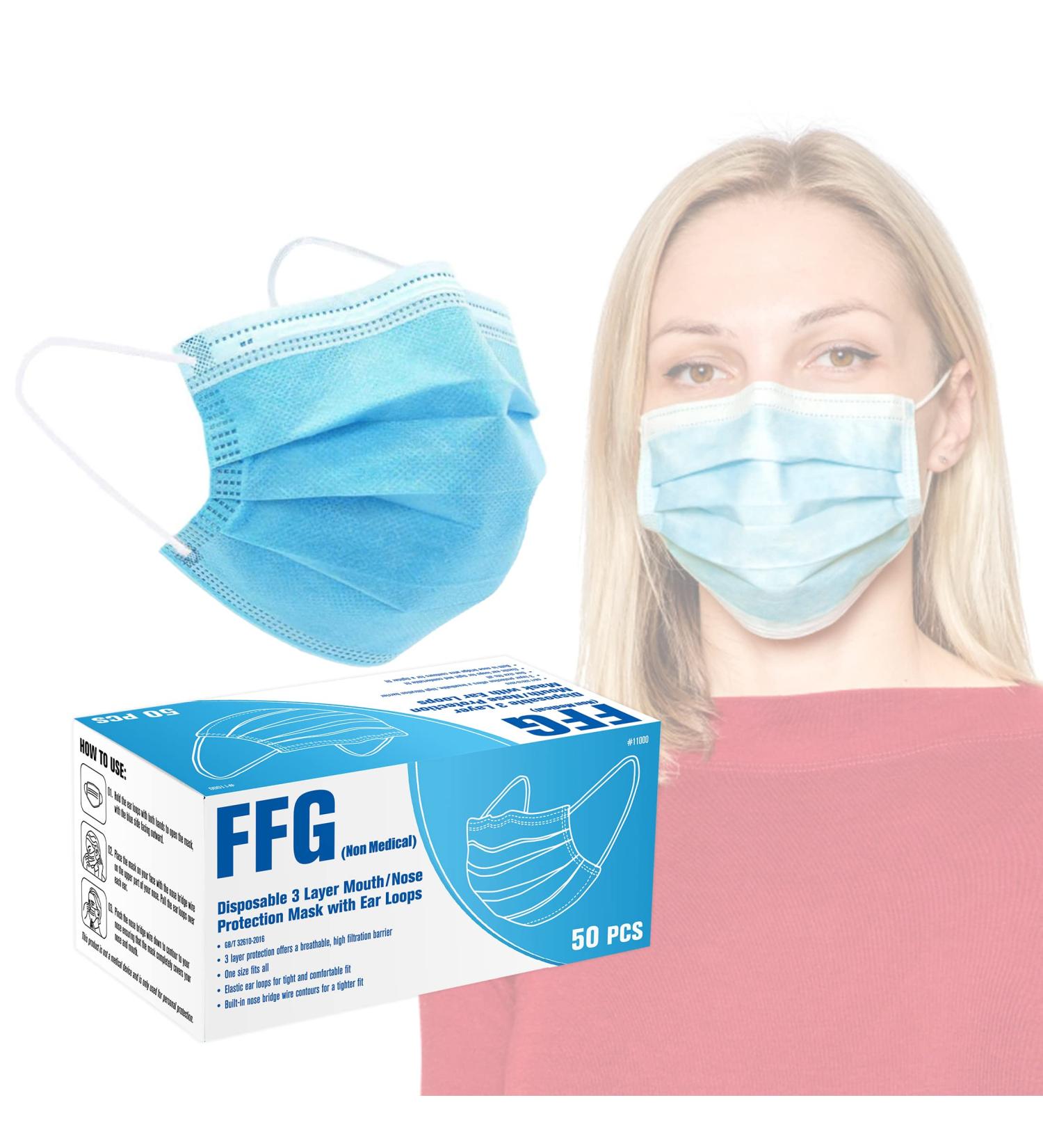 FFG Face Mask 50PCS Adult Disposable Masks 3-Layer Filter Protection Blue (#11000) - Buy Online on SooperMarket.com