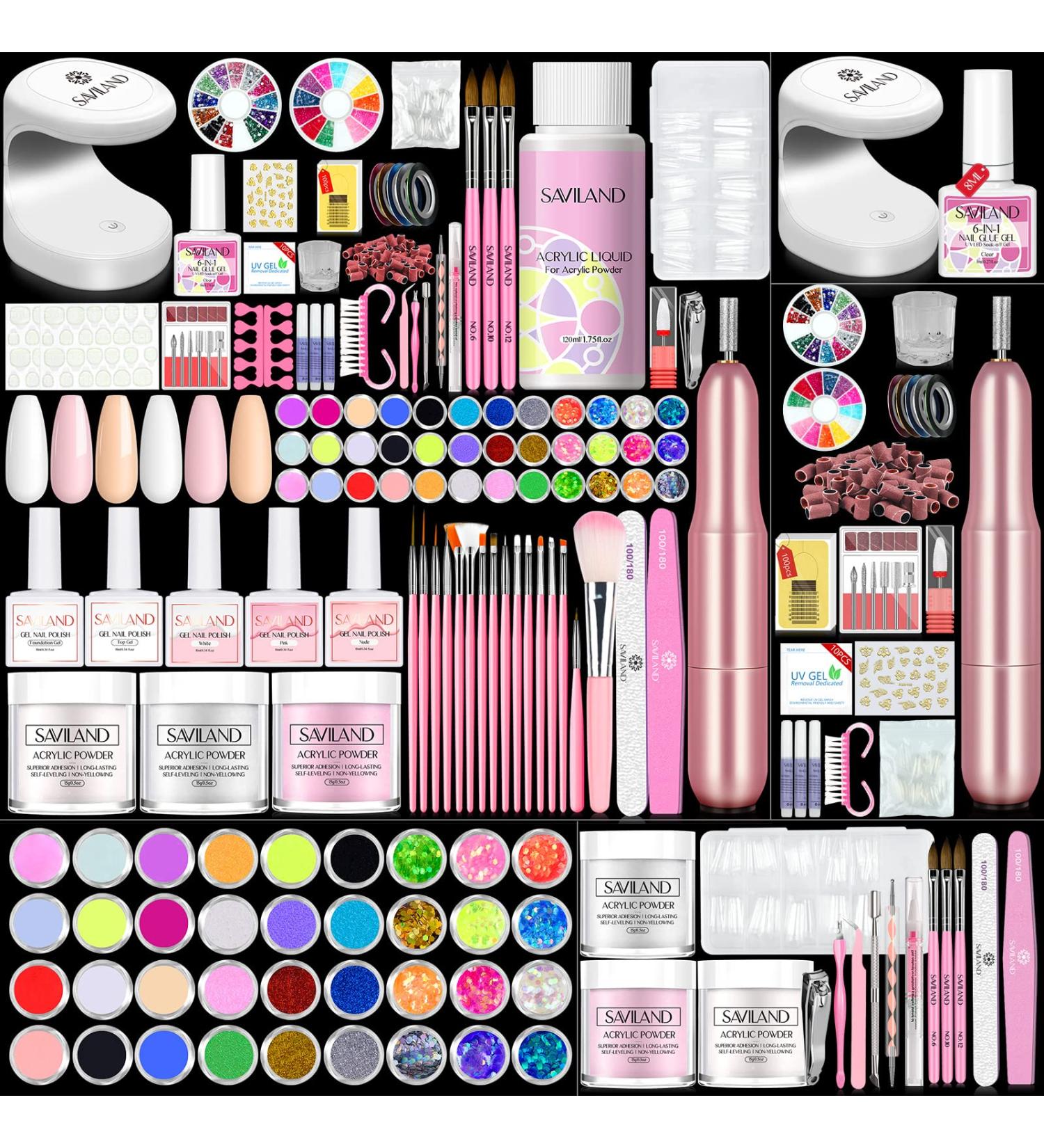 Saviland Professional Acrylic Nail Kit Set - Everything You Need for Beginners and Salon Quality Results - Acrylic Powder, Liquid, Drill, Gel Polish, Tips, and Glue - DIY Home Salon - Buy Online on SooperMarket.com