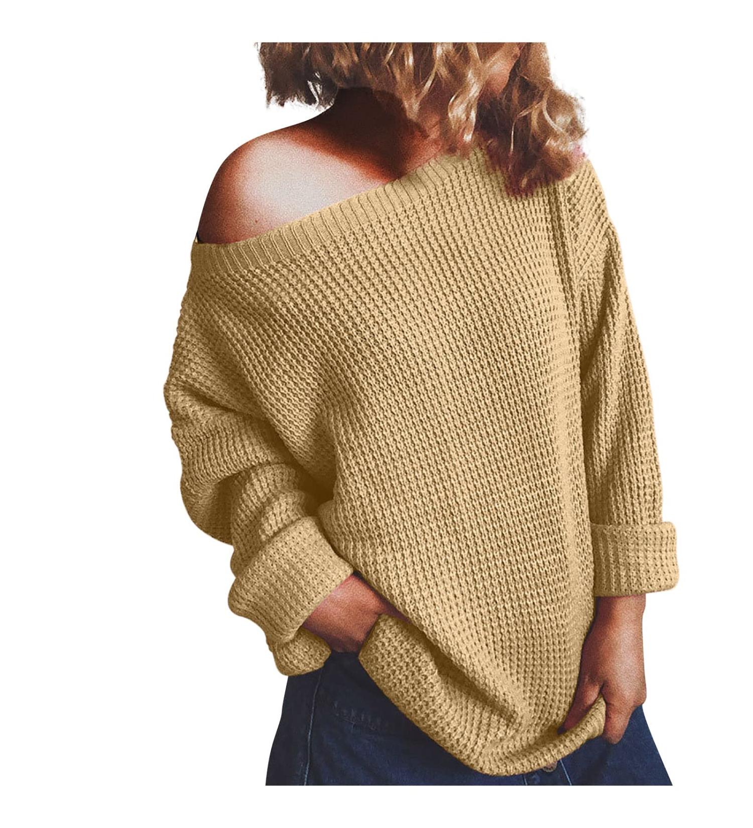 Buy CreoQIJI Women's Khaki Knitted Sweater - Casual Long Sleeve Pullover for Winter | Cozy Solid Color Eyelet Set - Buy Online on SooperMarket.com