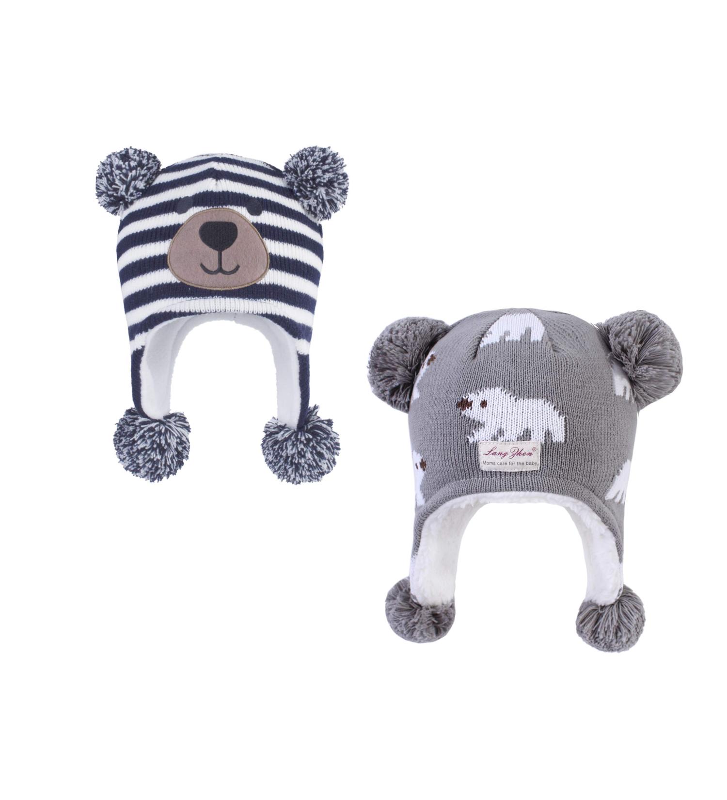 LANGZHEN Infant Winter Hat Earflap Knit Fleece Lined Beanie for Boys Girls 6-12 Months - Navy Stripe + Grey - Buy Online on SooperMarket.com