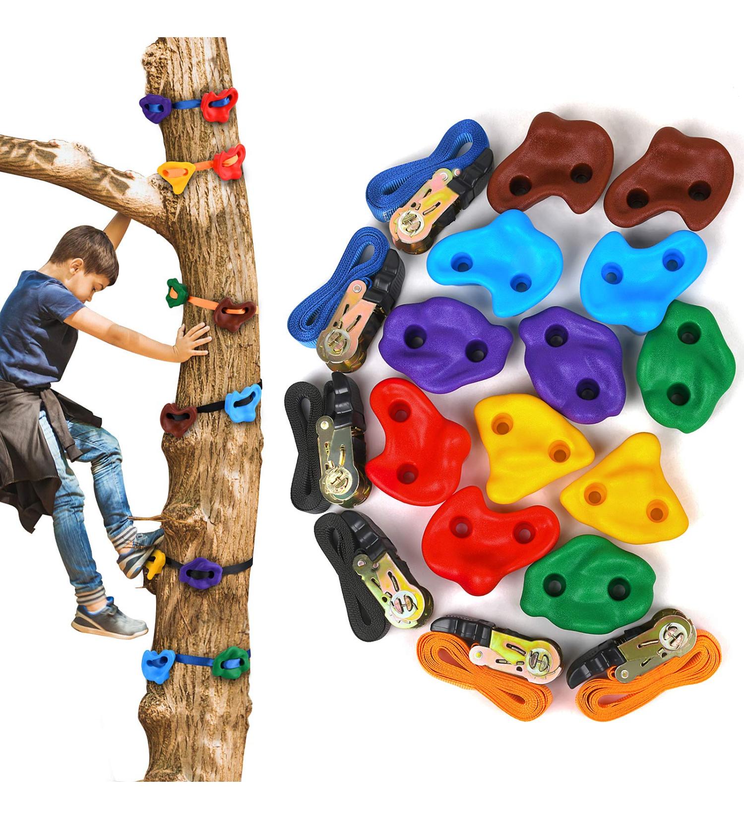 Happy Motte Tree Rock Climbing Holds for Kids - 12 Holds with 6 Ratchet Straps for Warrior Obstacle Course - Outdoor Playground Backyard Accessories - Buy Online on SooperMarket.com