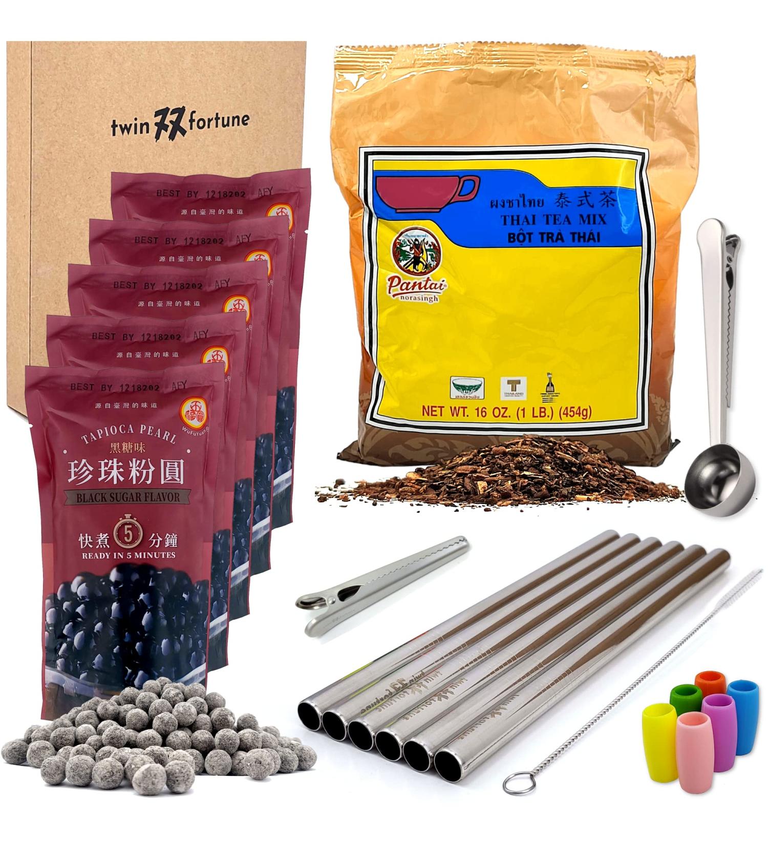 Thai Tea Boba Kit TF21 with Traditional Pantai Loose Leaf Tea, WuFuYuan Bubble Tea Tapioca Pearls, Stainless Steel Boba Straws & Accessories - Makes 30+ Drinks - Buy Online on SooperMarket.com