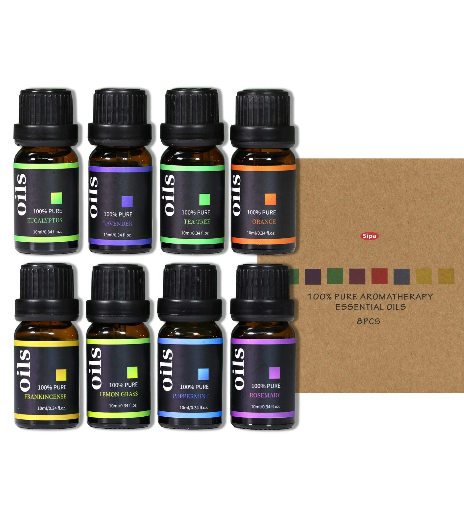 SIPA 100% Pure Aromatherapy Essential Oils Set (8 Pcs) - Lavender, Eucalyptus, Lemon Grass, Rosemary, Tea Tree, Peppermint, Orange, Frankincense - for Diffuser & Humidifier - Buy Online on SooperMarket.com