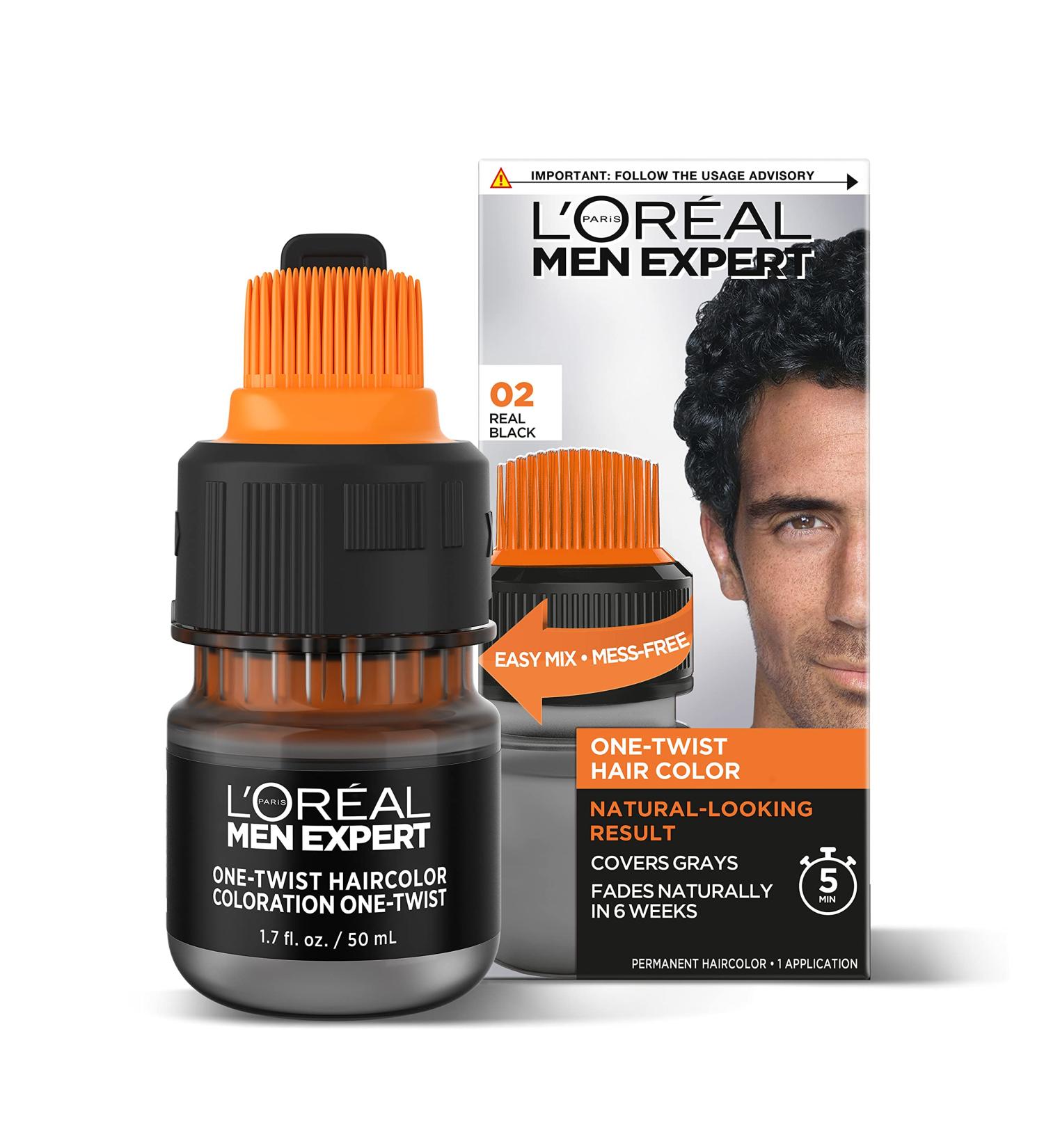 L'Oreal Paris Men Expert One Twist Mess Free Permanent Hair Color - Real Black 02 - Ammonia Free Dye to Cover Grays - Easy No Mix Application - 1 Kit - Buy Online on SooperMarket.com