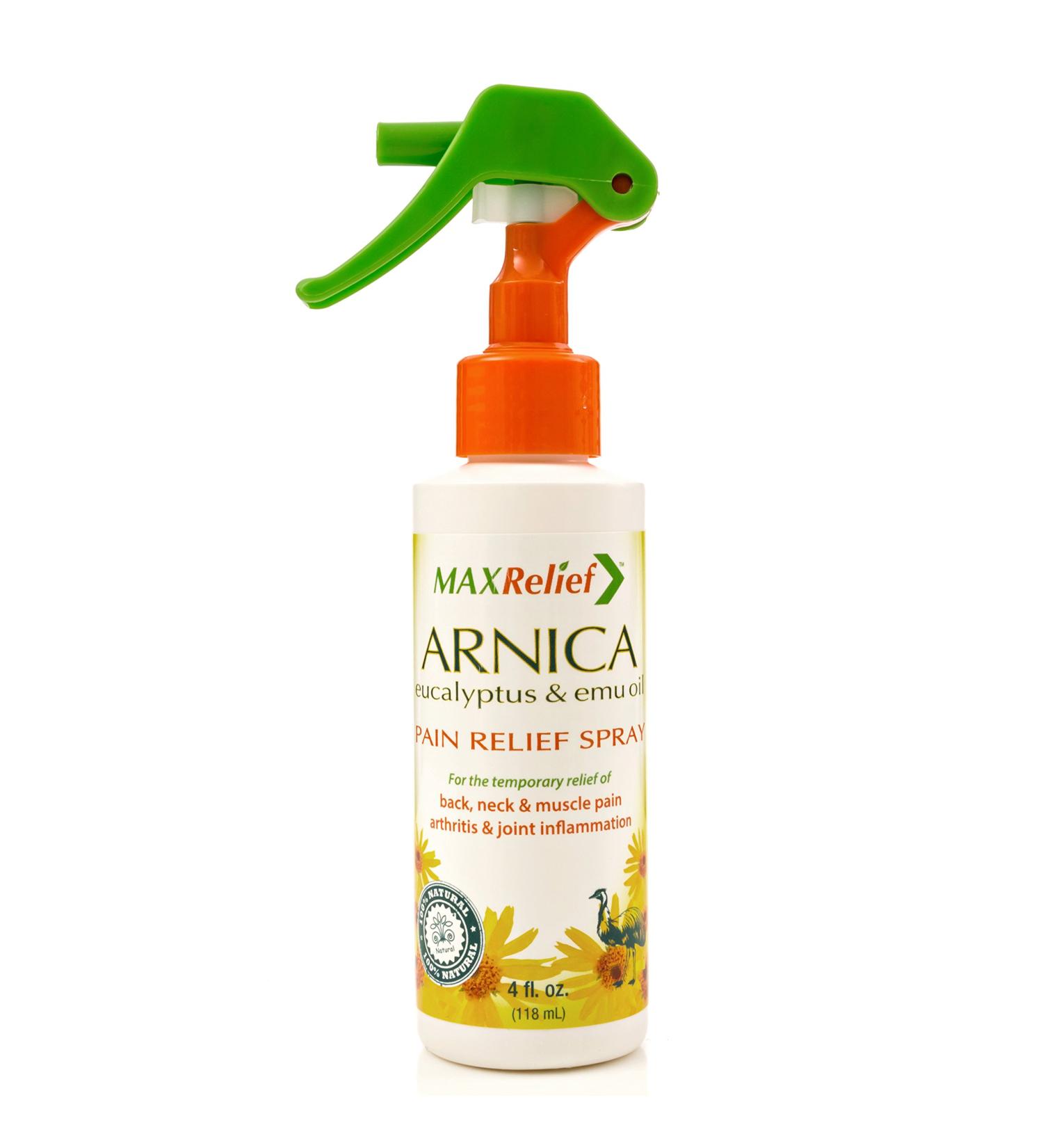 MaxRelief Arnica Pain Relief Spray - Australia's #1 - now available in Canada - Arnica Eucalyptus & Emu Oil - 4 oz - 3X times more Arnica than other Pain Sprays Chosen by Sufferers of Back Neck & Muscle Pain & Reduces Arthritis Pain & Joint Inflammation - Buy Online on SooperMarket.com