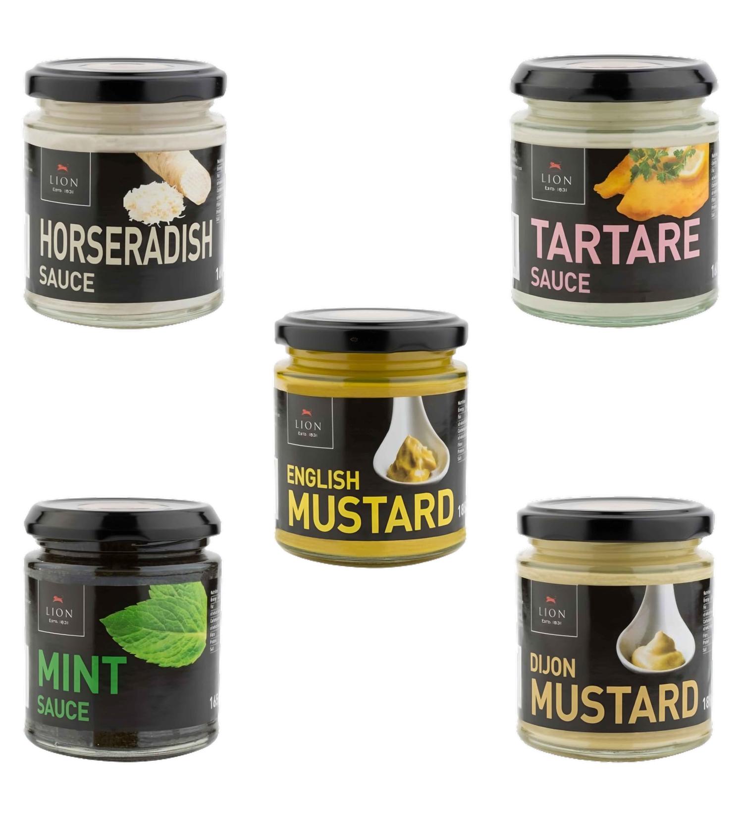 Lion Retail Condiments Mustard & Sauce Pick N Mix - Choose From 4+ Flavors |English Dijon Creamed Horseradish Mint Tartare | Pack of 4 - Buy Online on SooperMarket.com