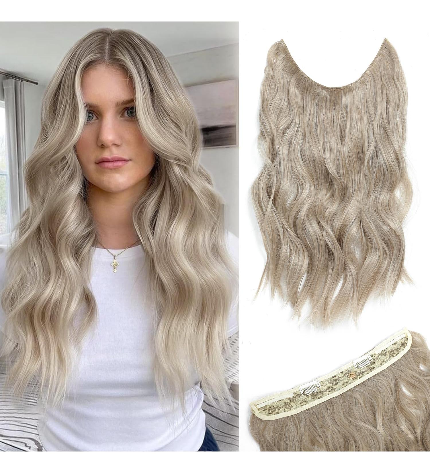 Invisible Wire Hair Extensions Clip in Natural Wavy Synthetic Hair - 20inch Pearl Platinum Blonde - Buy Online on SooperMarket.com