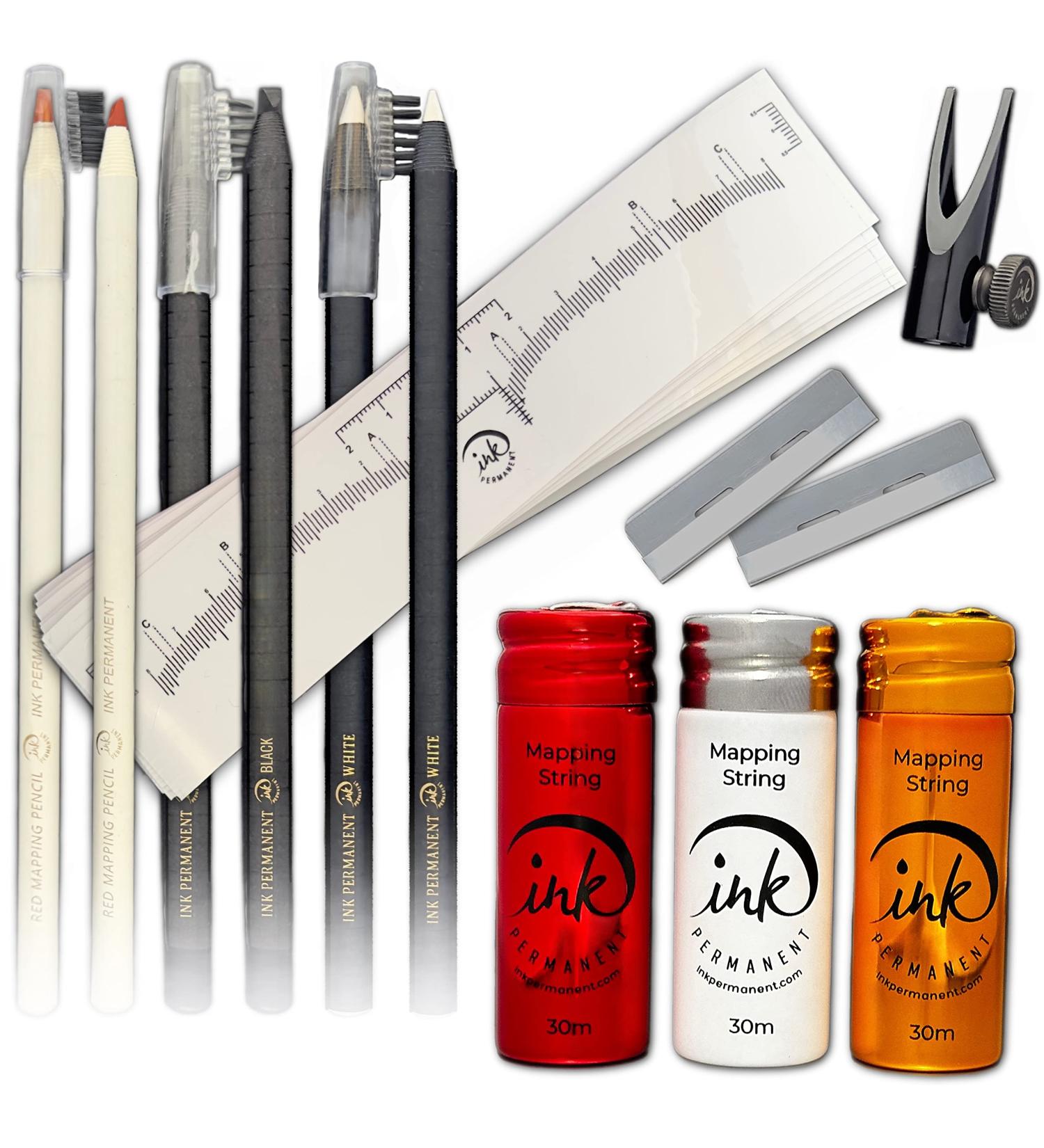 Eyebrow Mapping Kit with White  Red  and Gold Brow Mapping String   100ft/ 30m   Red  Black  and White Eyebrow Pencil  Peel Off Mapping Pencil Set with Eyebrow Pencil Sharpener - Eyebrow Shaper and 10 Eyebrow Ruler  Micr...