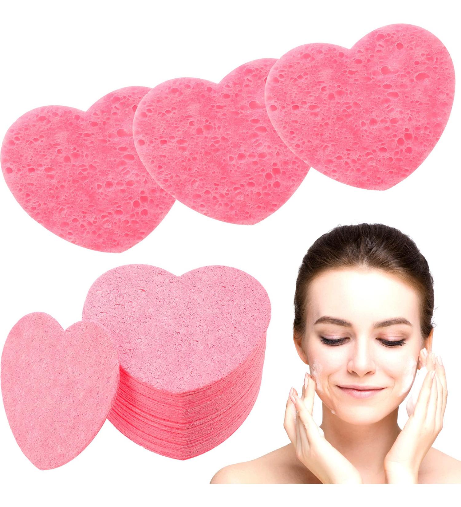 100 Heart Shape Facial Sponges | Natural Cellulose | Reusable Makeup Remover Sponge | Exfoliating Face Cleansing Sponge - Pink - Buy Online on SooperMarket.com