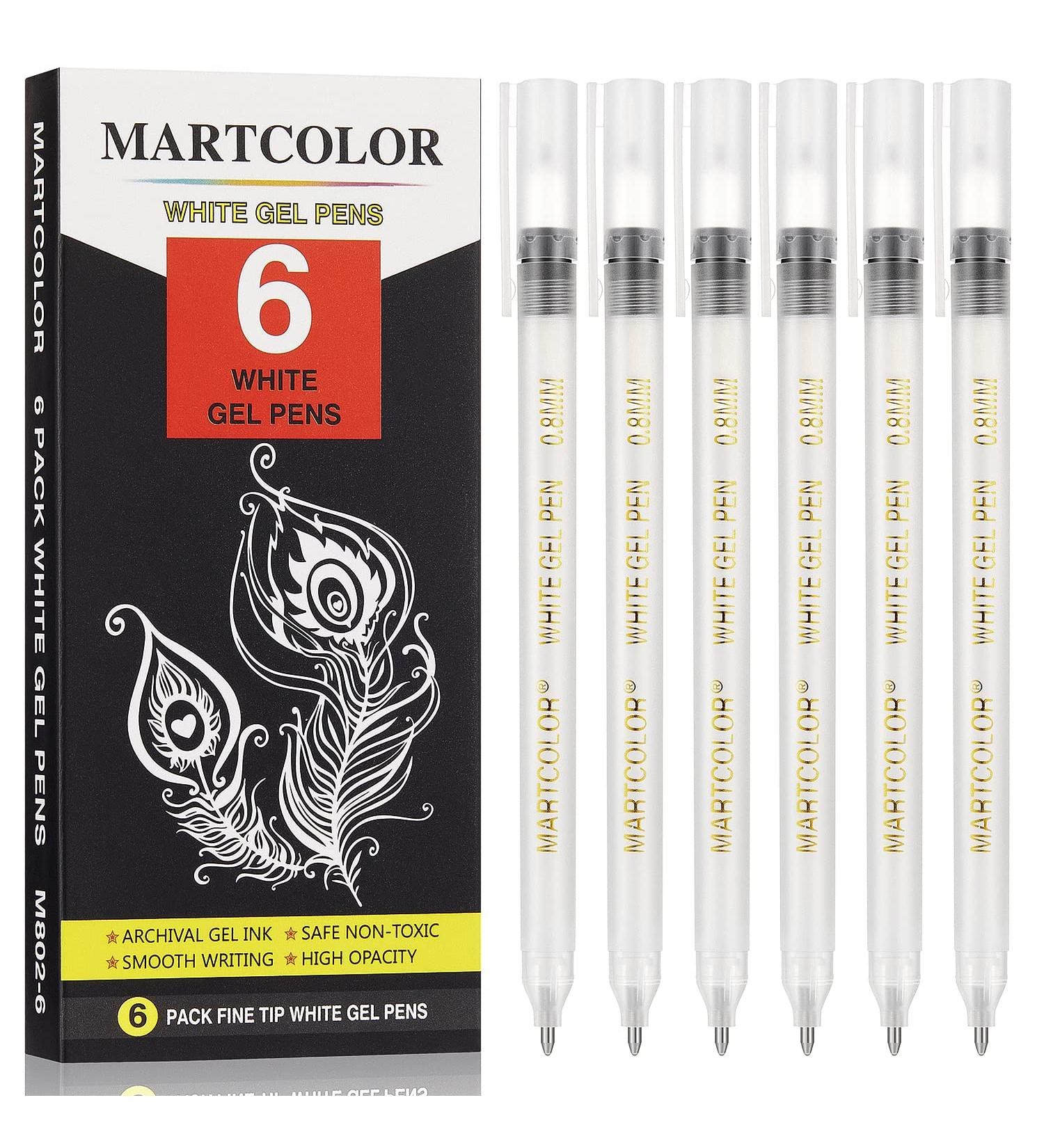 MARTCOLOR White Gel Pens Set 6 Pack 0.8mm Fine Point Pens Gel Ink Pens For Artists Archival Ink Pens White highlight Pens for Black Paper Drawing Illustration Sketching Writing - Buy Online on SooperMarket.com