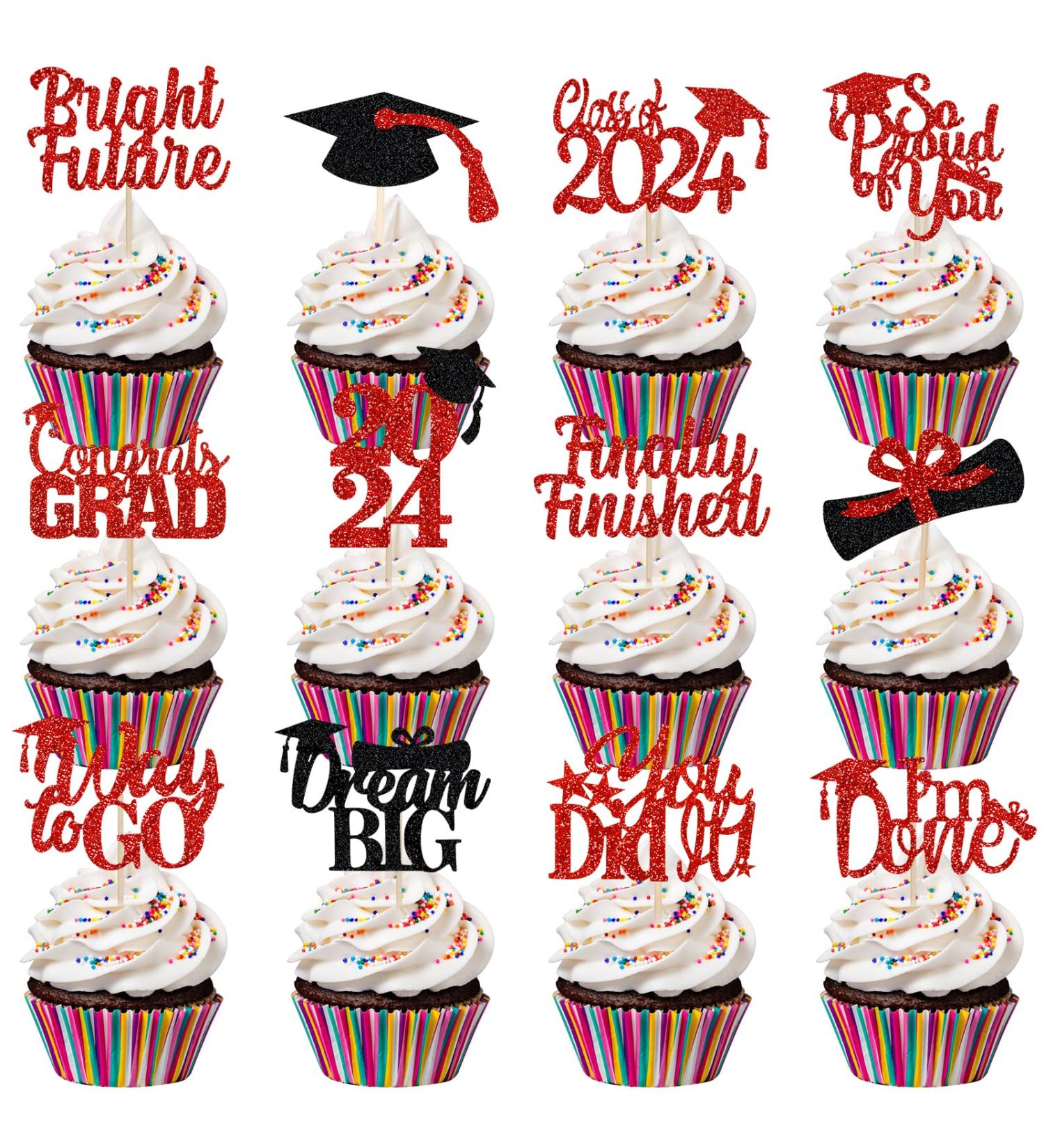 Red and Black Graduation Cupcake Toppers for 2024 Graduation Party Decorations - Buy Online on SooperMarket.com