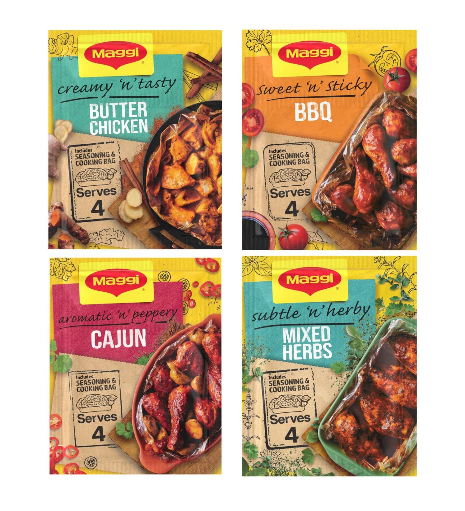 Maggi So Juicy Seasoning Bags - Cajun Chicken, Sticky BBQ, Butter Chicken, Mixed Herbs - Buy Online on SooperMarket.com