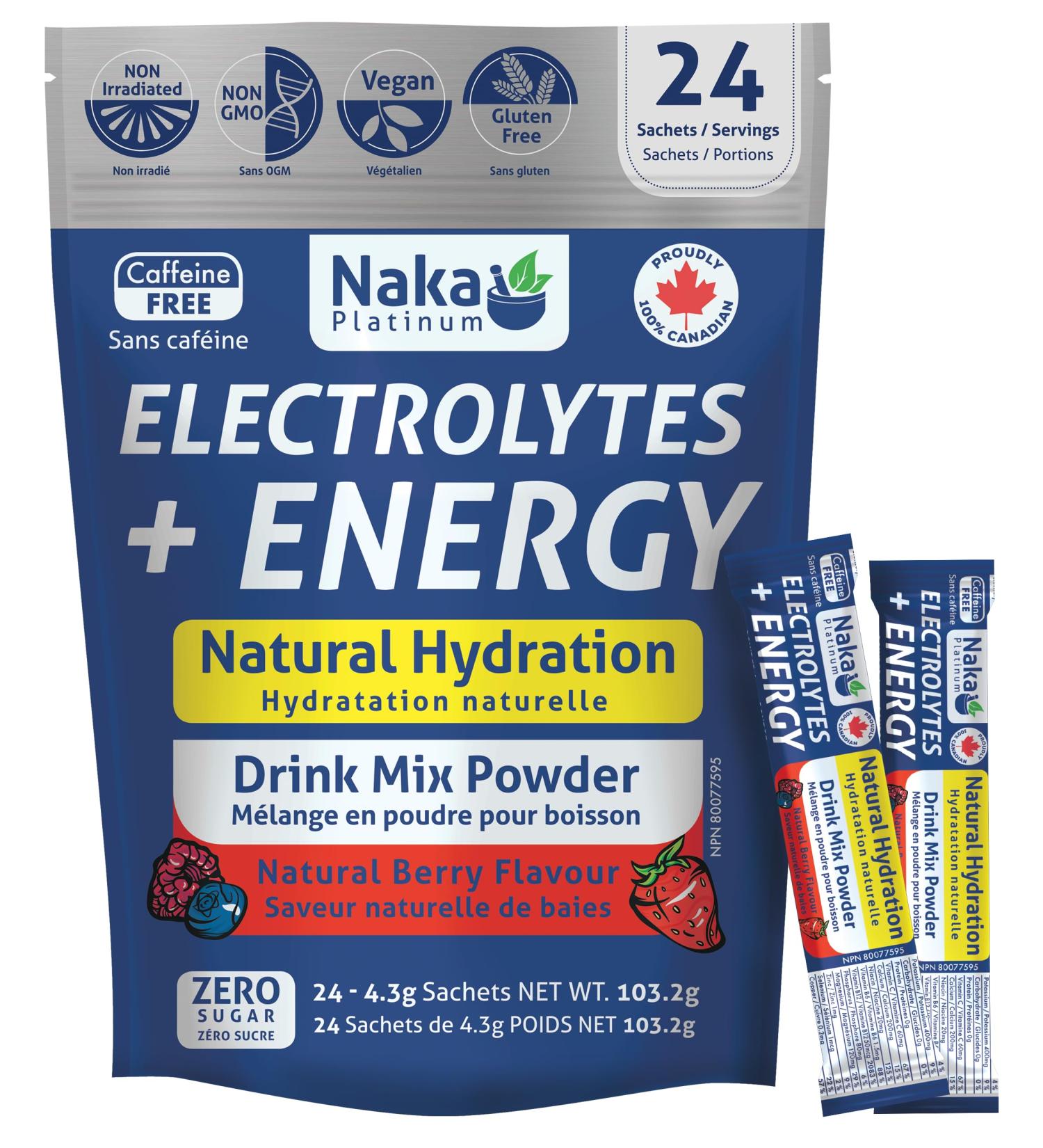 Naka Electrolytes + Energy Natural Hydration Drink Mix powder Berry Flavour Caffeine Free Botanical Boost with Beetroot Hawthorn Berry and Ginseng Made in Canada (24 sachets) - Buy Online on SooperMarket.com