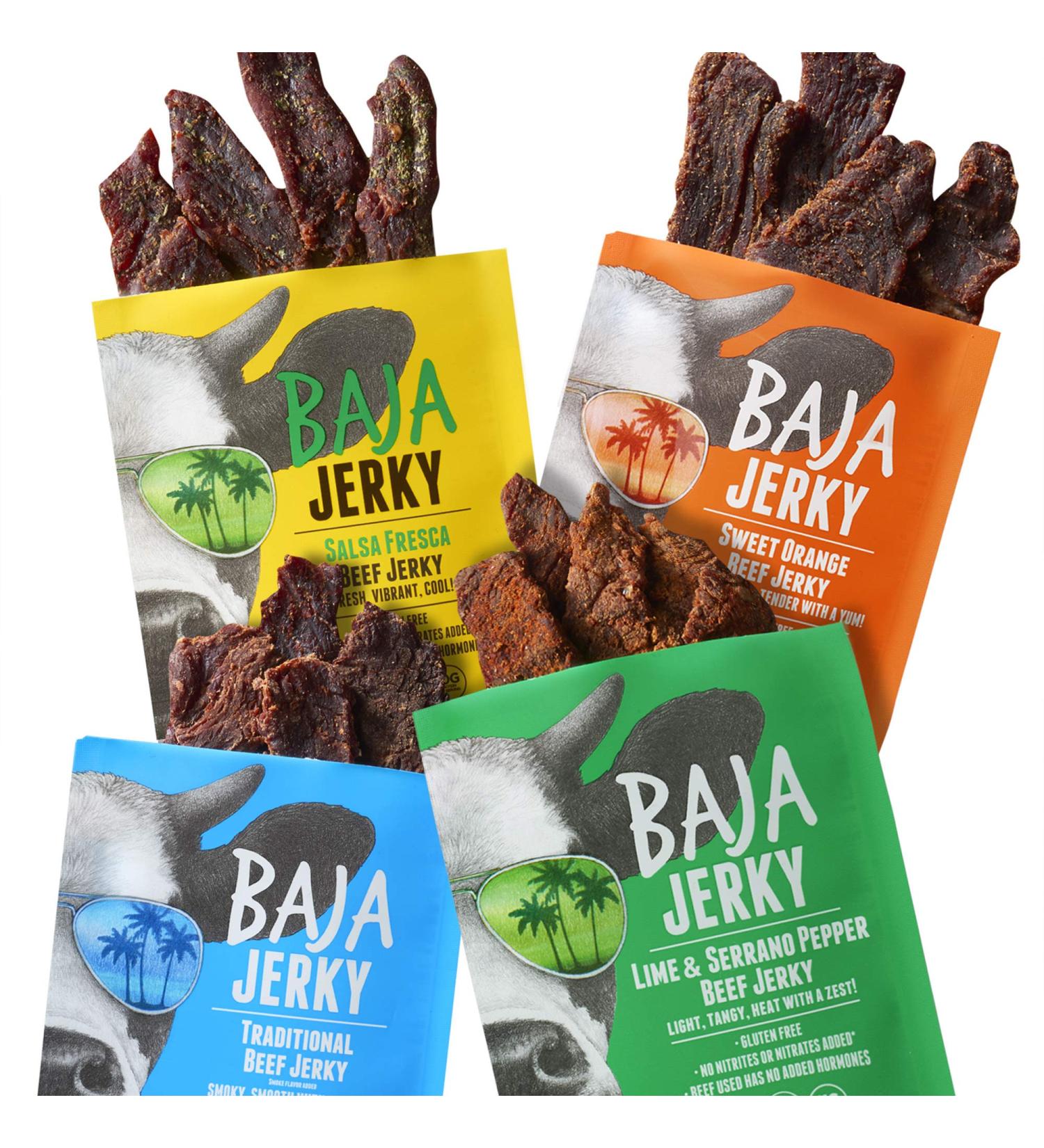 Baja Beef Jerky Sampler Pack - Gluten Free Craft Jerky with 10g Protein, Low Calorie, All Natural & Nitrate-Free - 4 Pack Variety Pack, 2.5 Oz Bags - Buy Online on SooperMarket.com