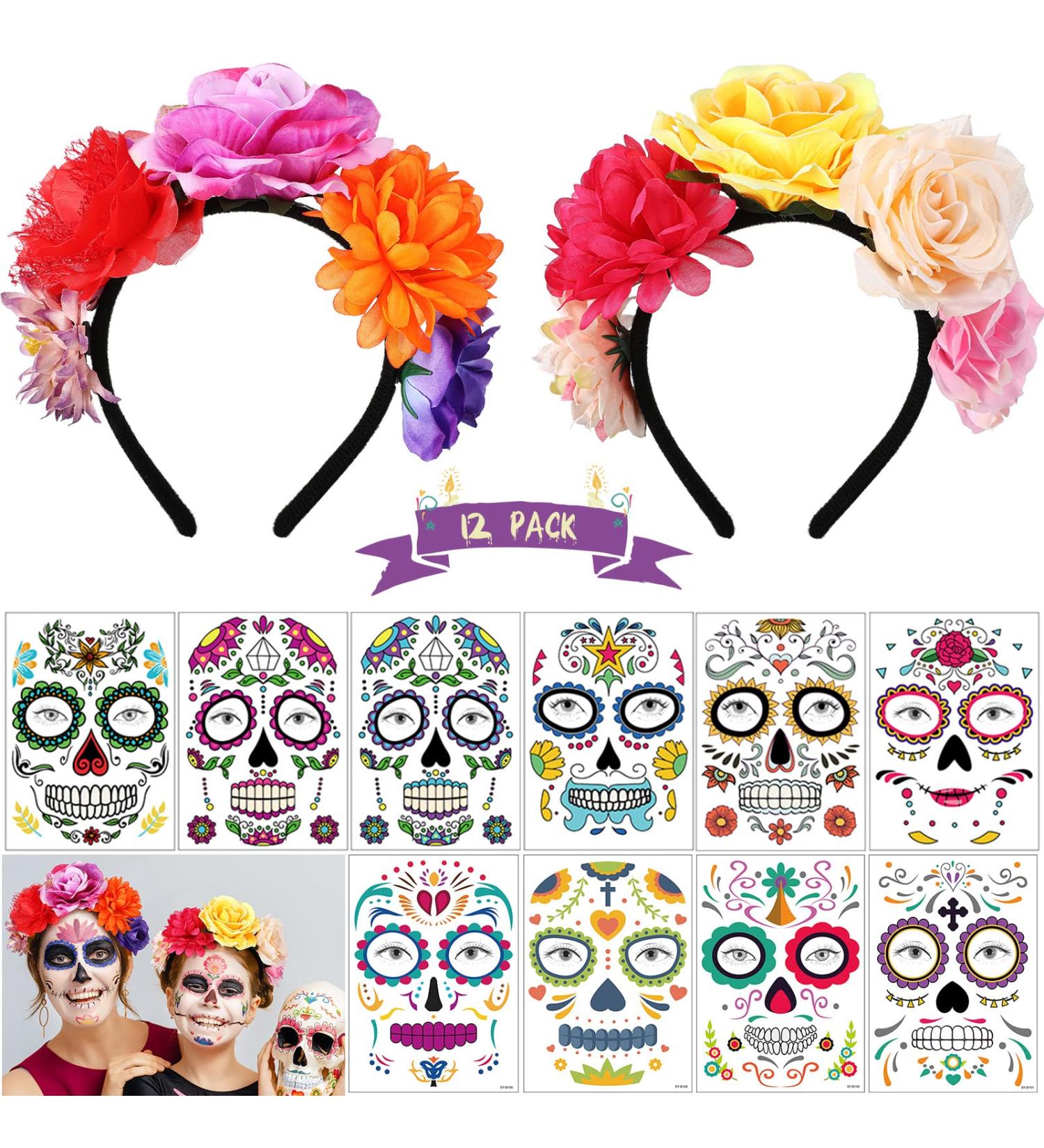 Halloween Temporary Face Tattoos - Day of the Dead Headband & Costume Tattoos Set - Buy Online on SooperMarket.com
