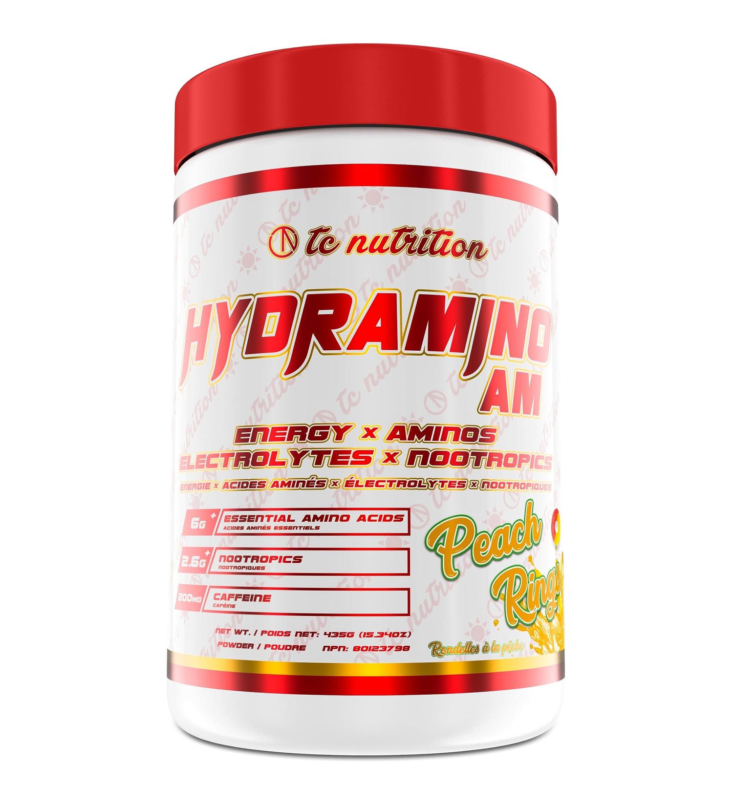 Hydramino AM - EAA + BCAA Amino Energy Powder - Essential Amino Acids with Caffeine Nootropics & Electrolytes | Focus Endless Energy Hydration & Muscle Recovery | Alpha-GPC Tyrosine Lutein Lion s Mane More | Peach Rings 30 servings - Buy Online on SooperMarket.com