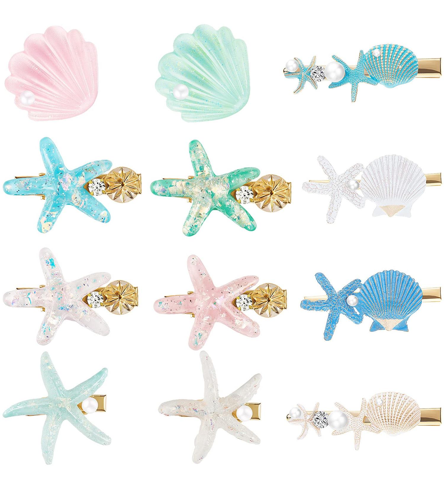 12-Piece Shell Pearl Starfish Hair Clip Set - Resin Alligator Hair Clips for Girls & Women - Buy Online on SooperMarket.com