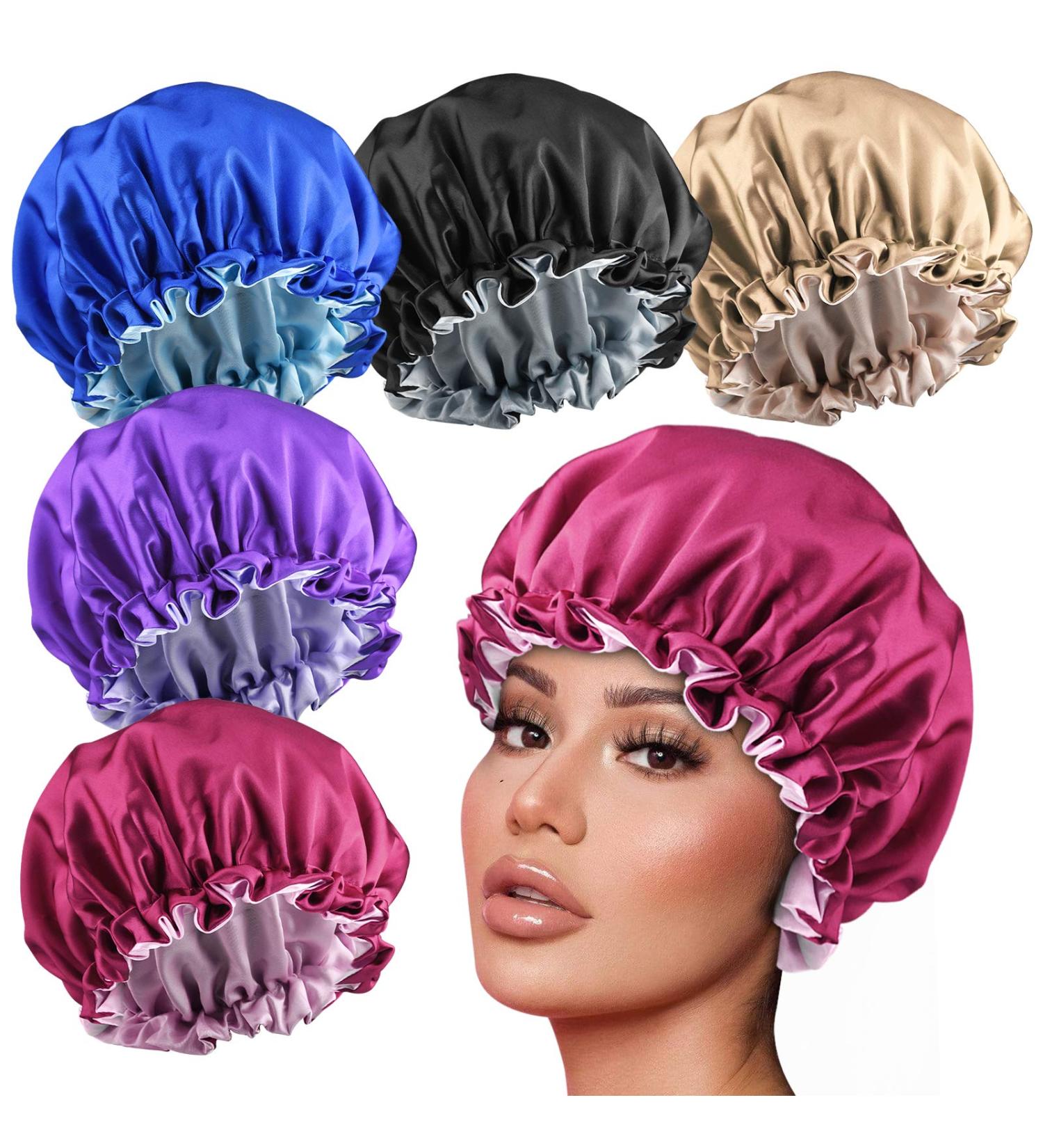 5pcs Double Layer Reversible Satin Bonnet for Black Women - Large Drawstring Silk Hair Cap for Curly Hair and Braids - Buy Online on SooperMarket.com