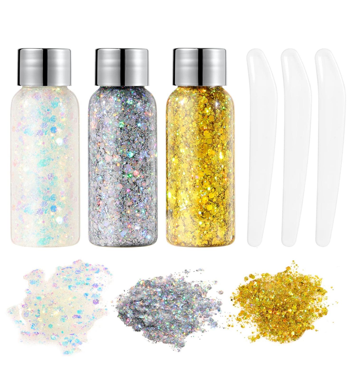 URAQT Body Glitter Gel Set - Holographic Mermaid Sequins & Chunky Cosmetic Glitter for Face, Body, Hair & Nails - Sparkling Festival Party Lotion - White, Silver & Gold - 3Pcs - Buy Online on SooperMarket.com