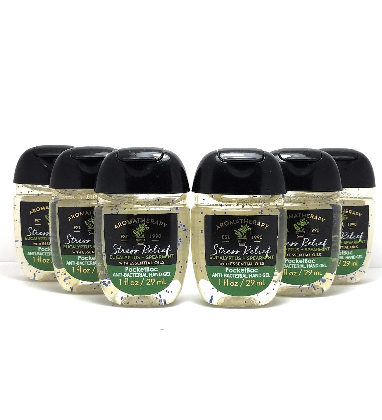 Bath and Body Works 6 Pack Aromatherapy Stress Relief Eucalyptus Spearmint Pocketbac Hand Sanitizer 1 Oz. Travel Size Body Cream 1 Oz.