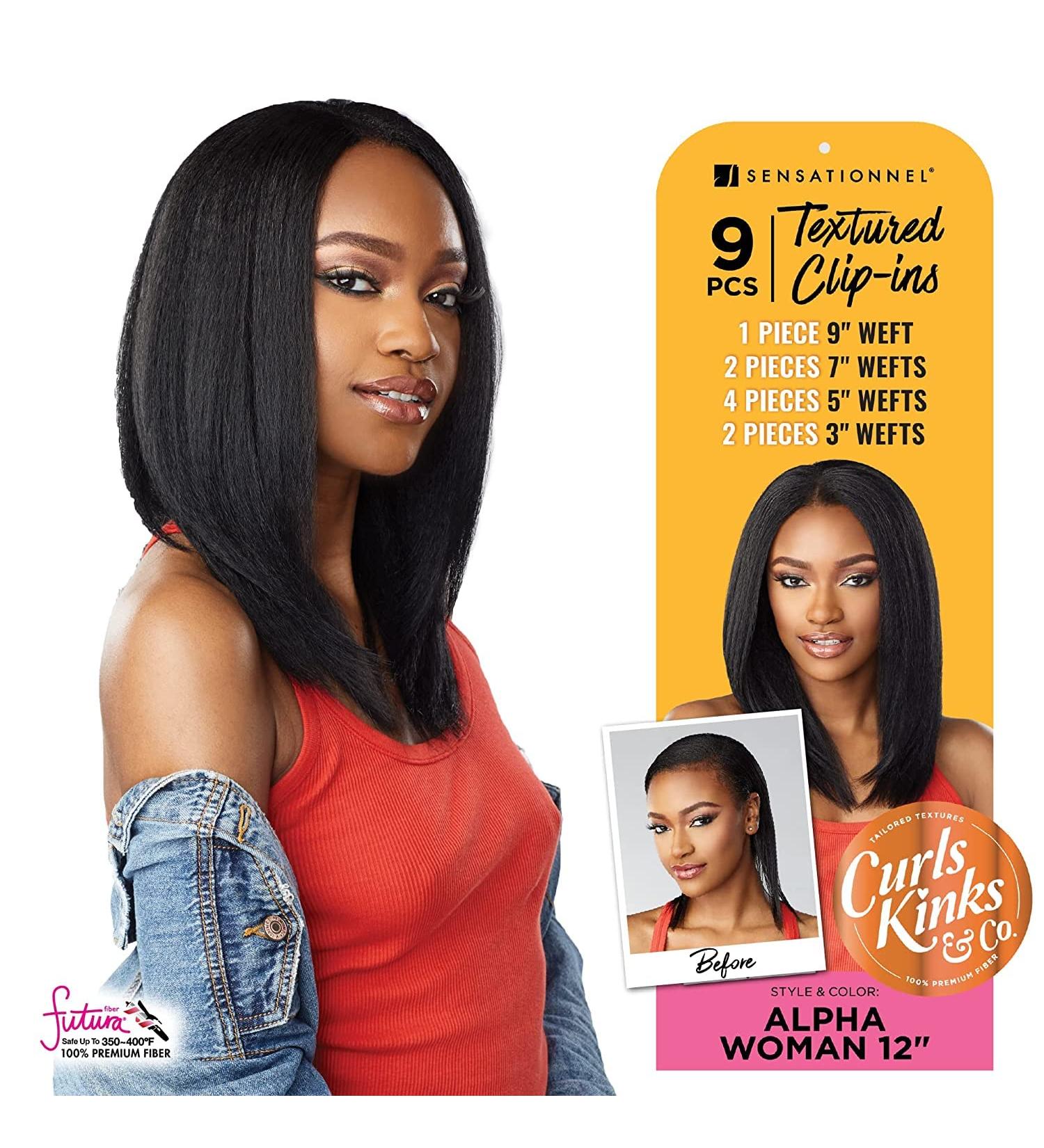 Sensationnel Clip in Alpha Woman - CKandco 12 inch Textured Clip in 9 Piece Pack Adds Volume Protective Style - Curls Kinks and Co Alphawoman 12 - (1B)