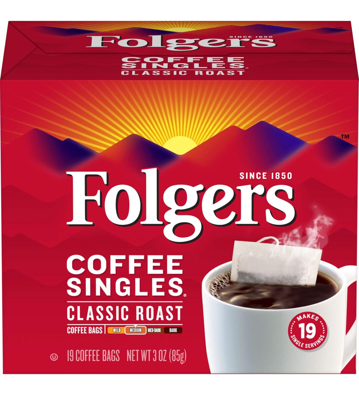 Folgers Coffee Singles Classic Roast 19 Single Serve Bags - Medium Roast Coffee - Buy Online on SooperMarket.com