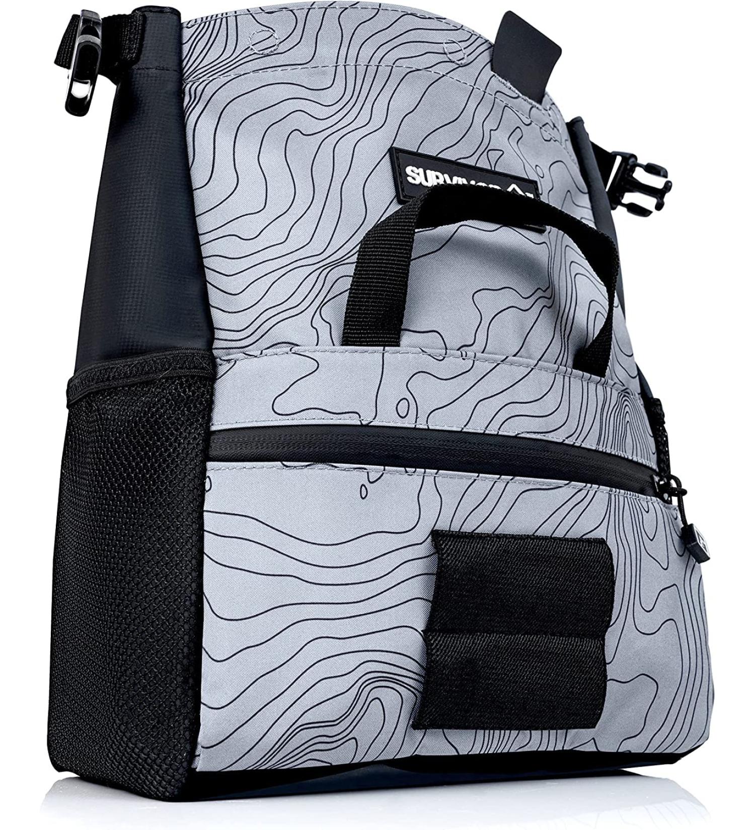 Large Light Gray Climbing Chalk Bucket with Topographical Map Design - Magnetic Closure, Pockets, and Brush Holders - Buy Online on SooperMarket.com