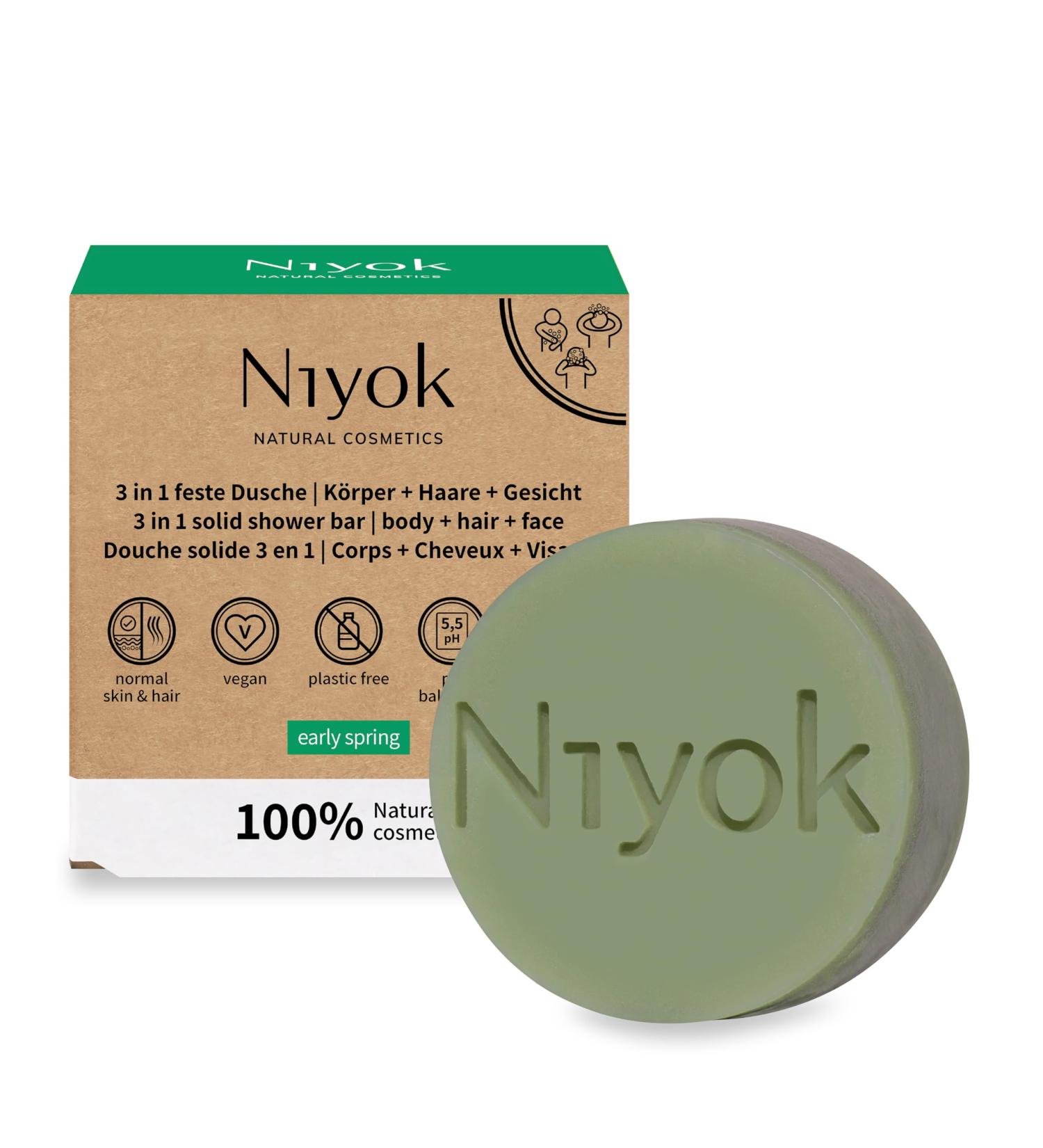Niyok 3 in 1 Solid Shower Gel Shampoo Facial Cleansing Vegan Organic Plastic-Free Normal to Fine Hair Like Soap Only Skin-Neutral pH 5.5 Natural Cosmetics Early Spring (80 g) - Buy Online on SooperMarket.com