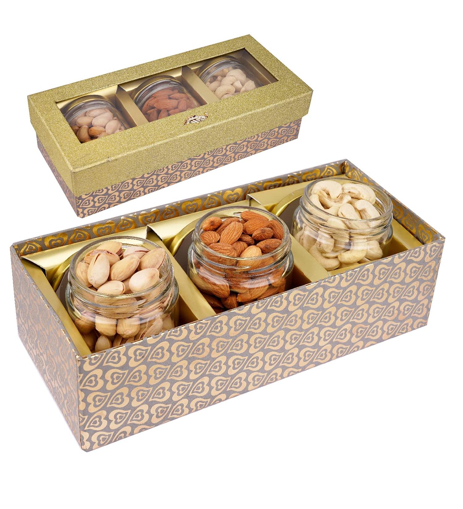 Jaiccha Ghasitaram Dryfruits Hamper- box with 3 Jars of Cashews Almonds and Pistachios |Gift for Diwali Holi Rakhi Valentine Christmas Birthday Anniversary Her Him| - Buy Online on SooperMarket.com