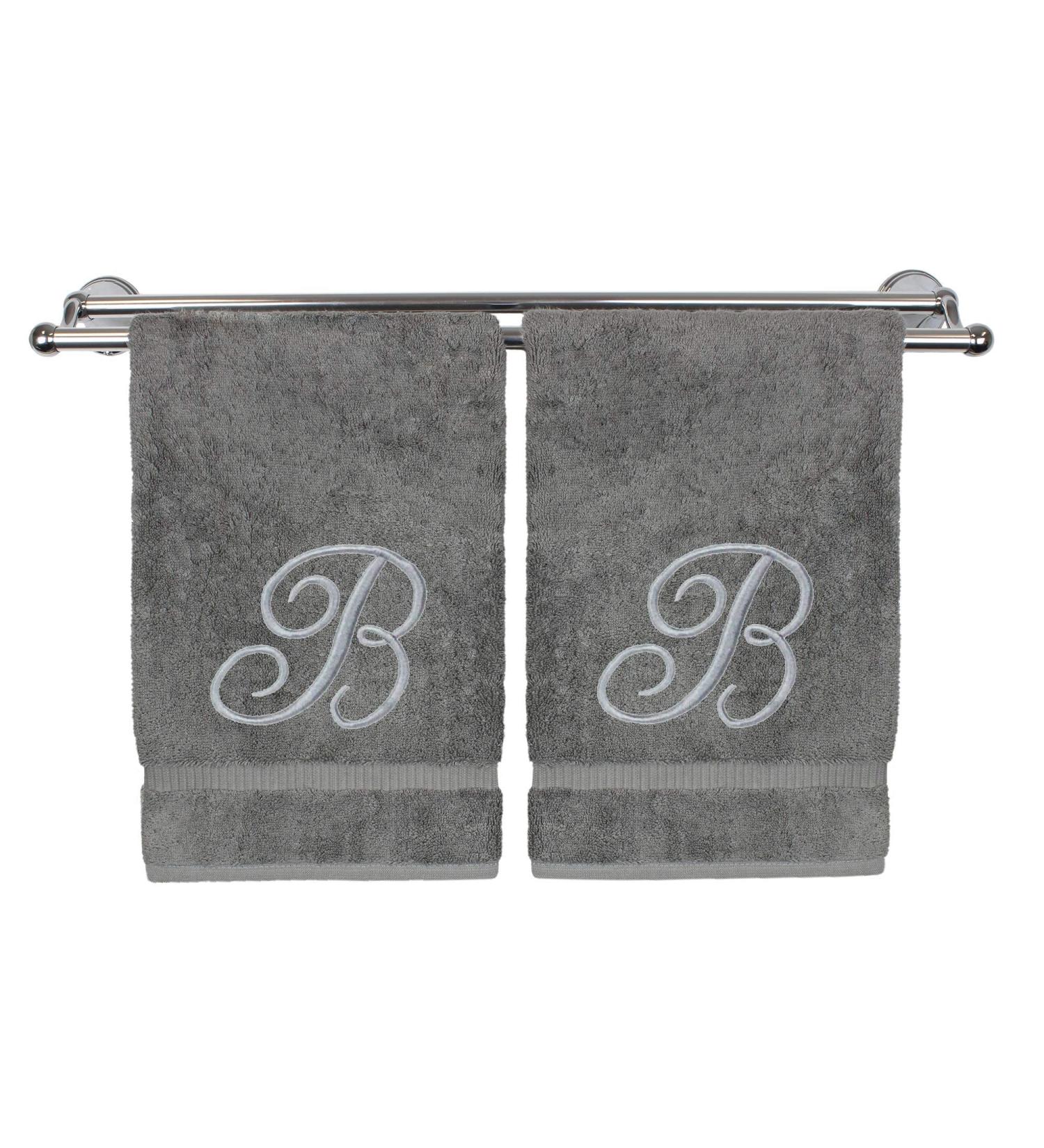 Monogrammed Hand Towel, Personalized Gift, 16 x 30 Inches - Set of 2 - Silver Embroidered Towel - Extra Absorbent 100% Turkish Cotton- Soft Terry Finish - for Bathroom, Kitchen and Spa- Script B Gray Initial B Gray