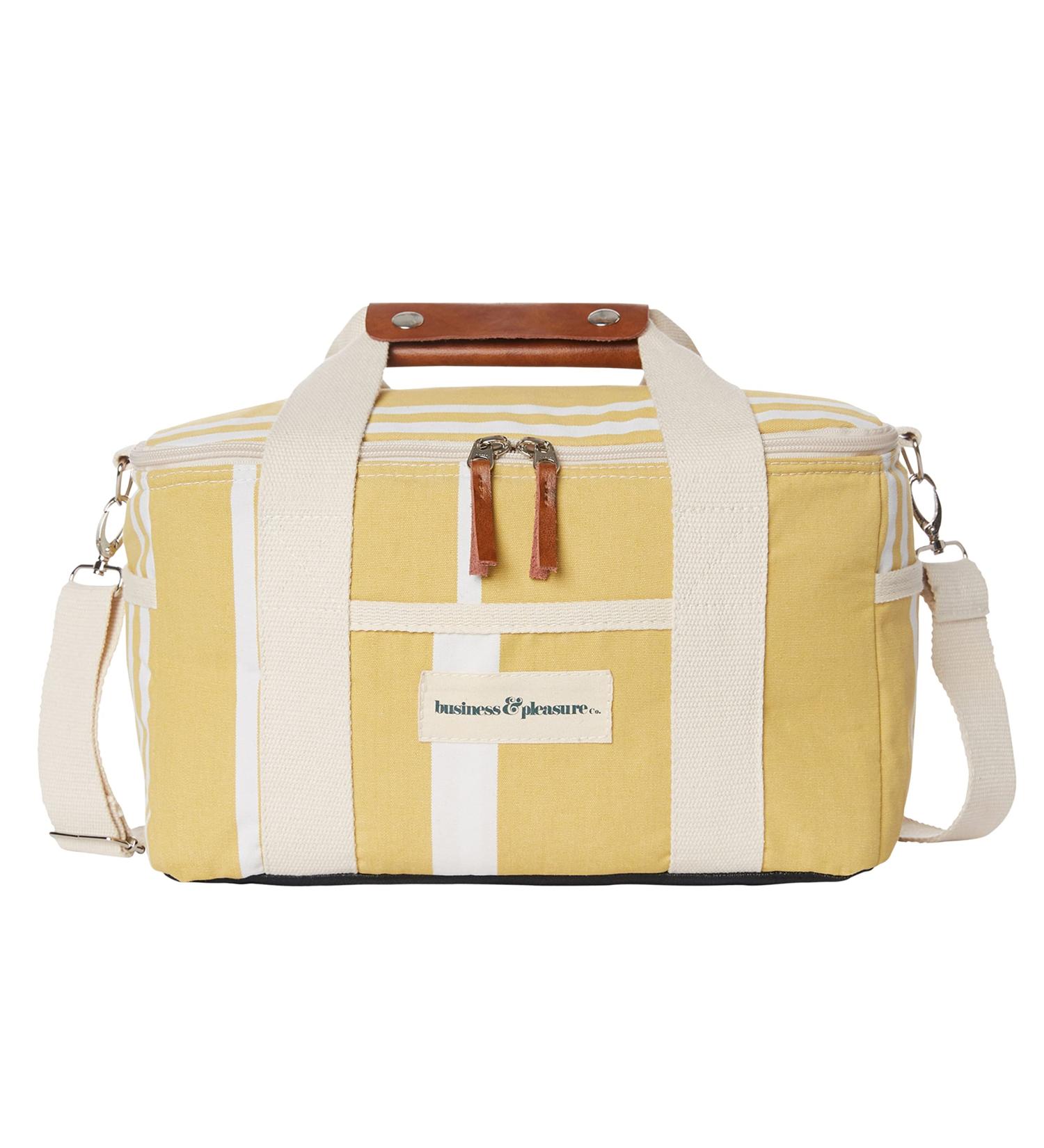 Business & Pleasure Co. Premium Vintage Yellow Striped Cooling Bag | Perfect for Beach Days & Picnics | Keeps Food Fresh & Drinks Cold - 14L Insulated Lunch Bag - Buy Online on SooperMarket.com
