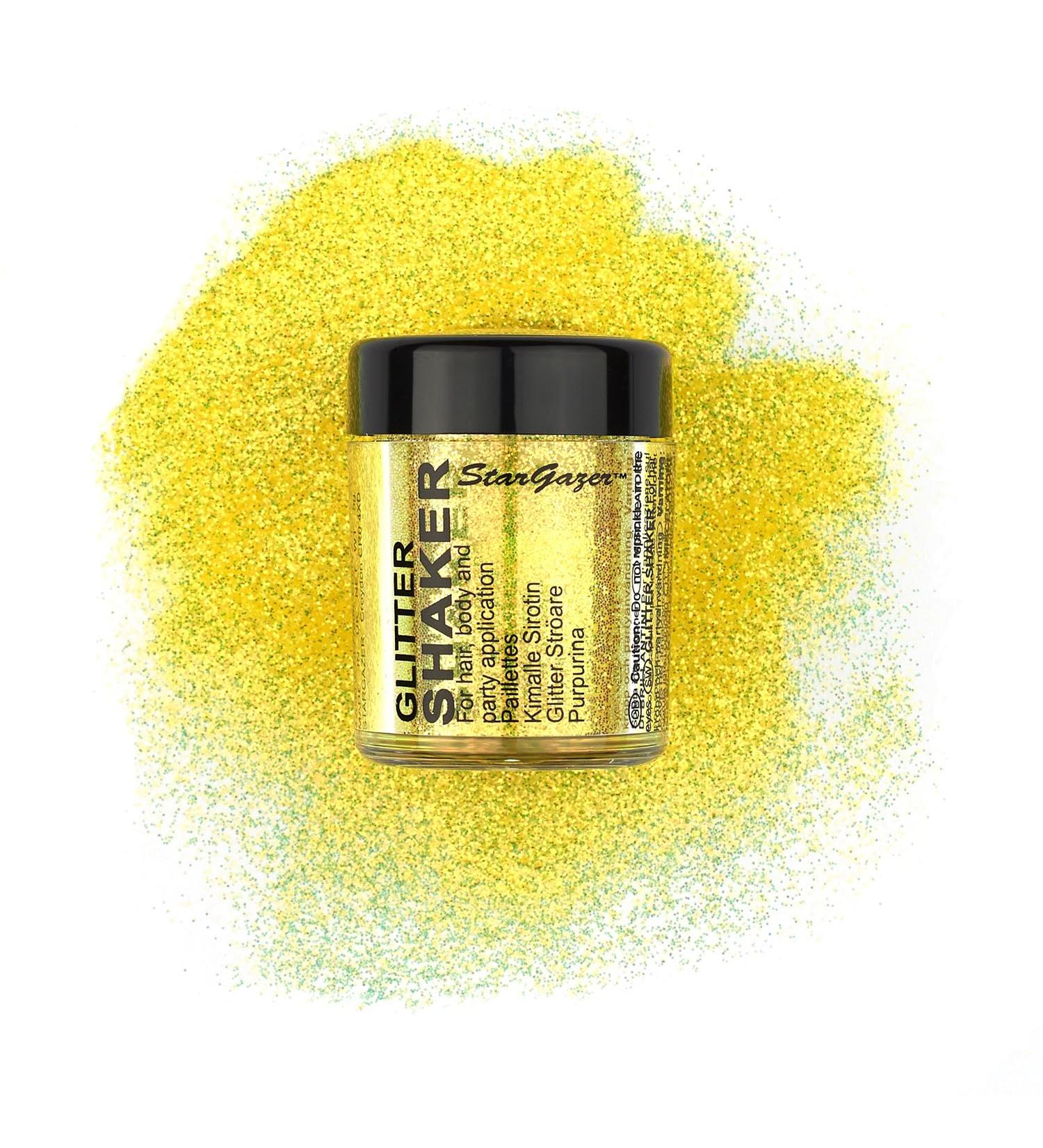 Stargazer UV Glitter Shaker Yellow. Cosmetic glitter powder for use on the eyes lips face body hair and nails. UV Yellow - Buy Online on SooperMarket.com