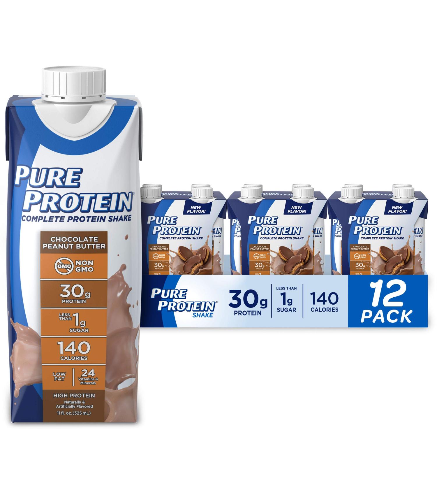 Pure Protein Chocolate Peanut Butter Shake | 30g Protein | Ready-to-Drink Keto-Friendly | Immune Boosting Vitamins | 11oz Bottles - 12 Pack - Buy Online on SooperMarket.com