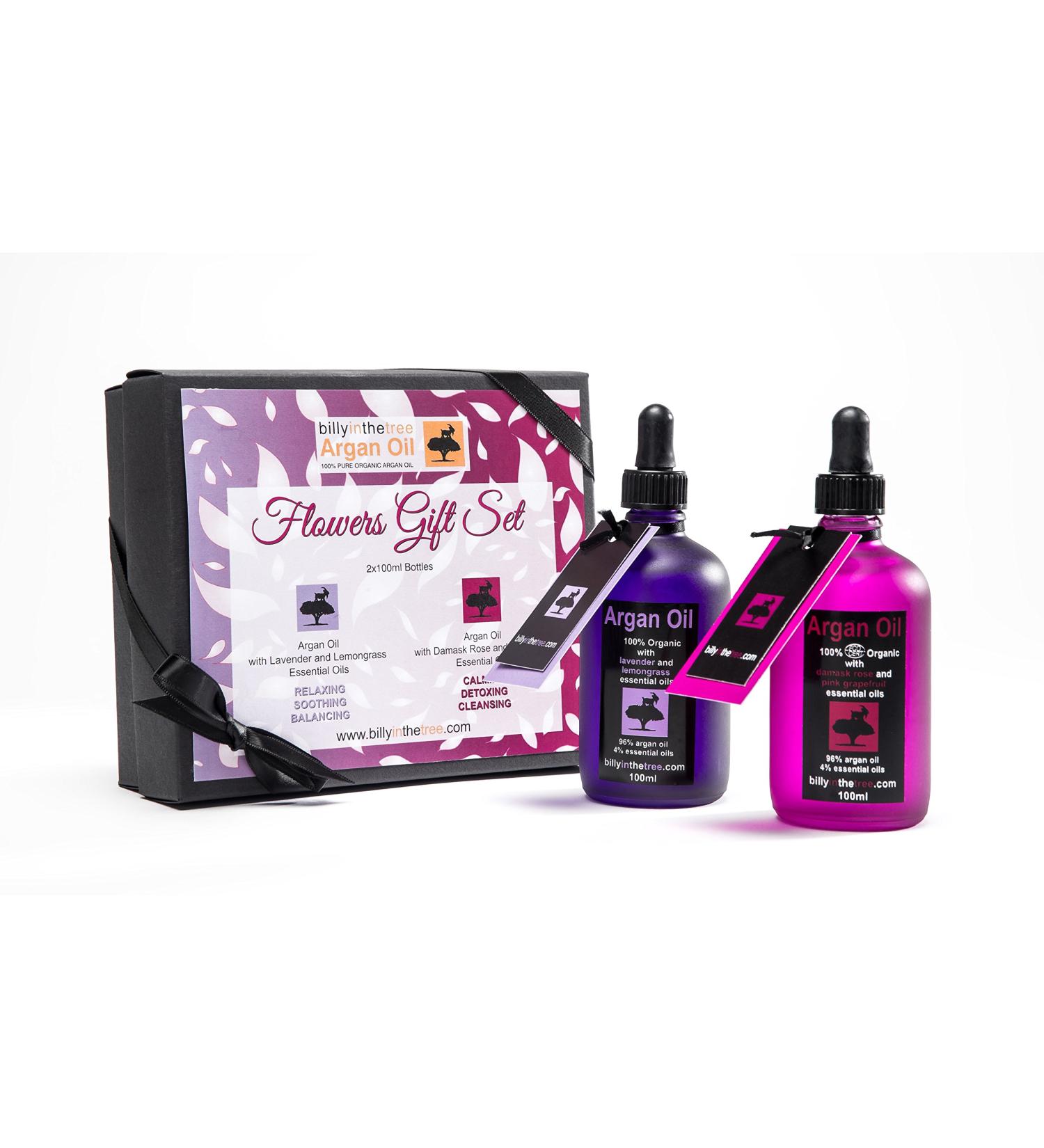 Argan Oil Flowers Gift Set. 1x100ml argan oil with lavender and lemongrass essential oils and 1x100ml argan oil with damask rose and pink grapefruit essential oils.