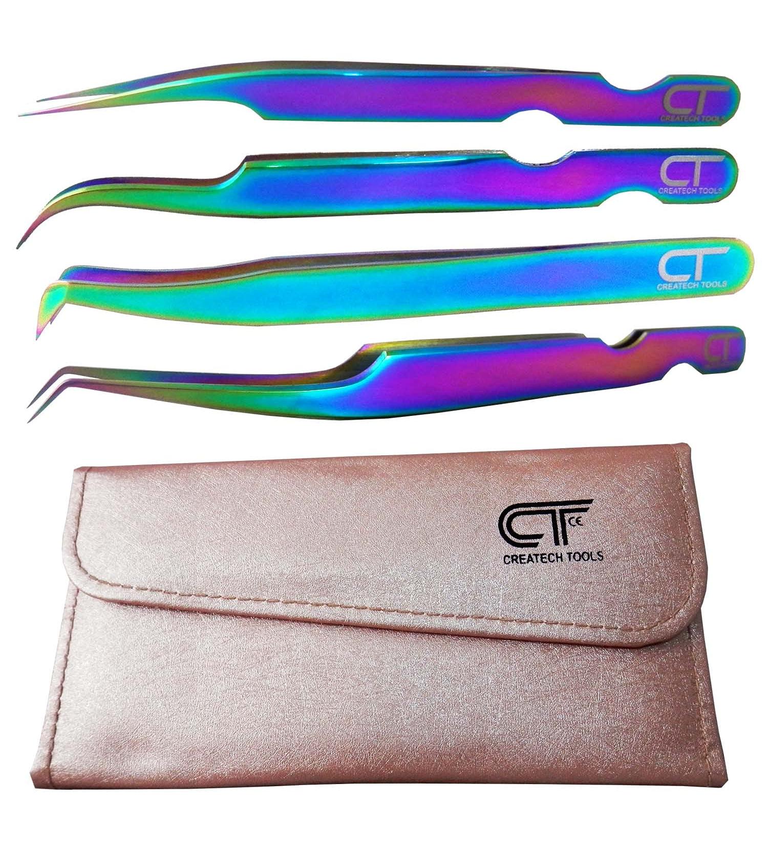 Rainbow Stainless Steel Lash Tweezers Set for Eyelash Extensions - Straight & Curved - Ideal for Individual, Russian Volume & Isolation - 4 PCs Set - Buy Online on SooperMarket.com