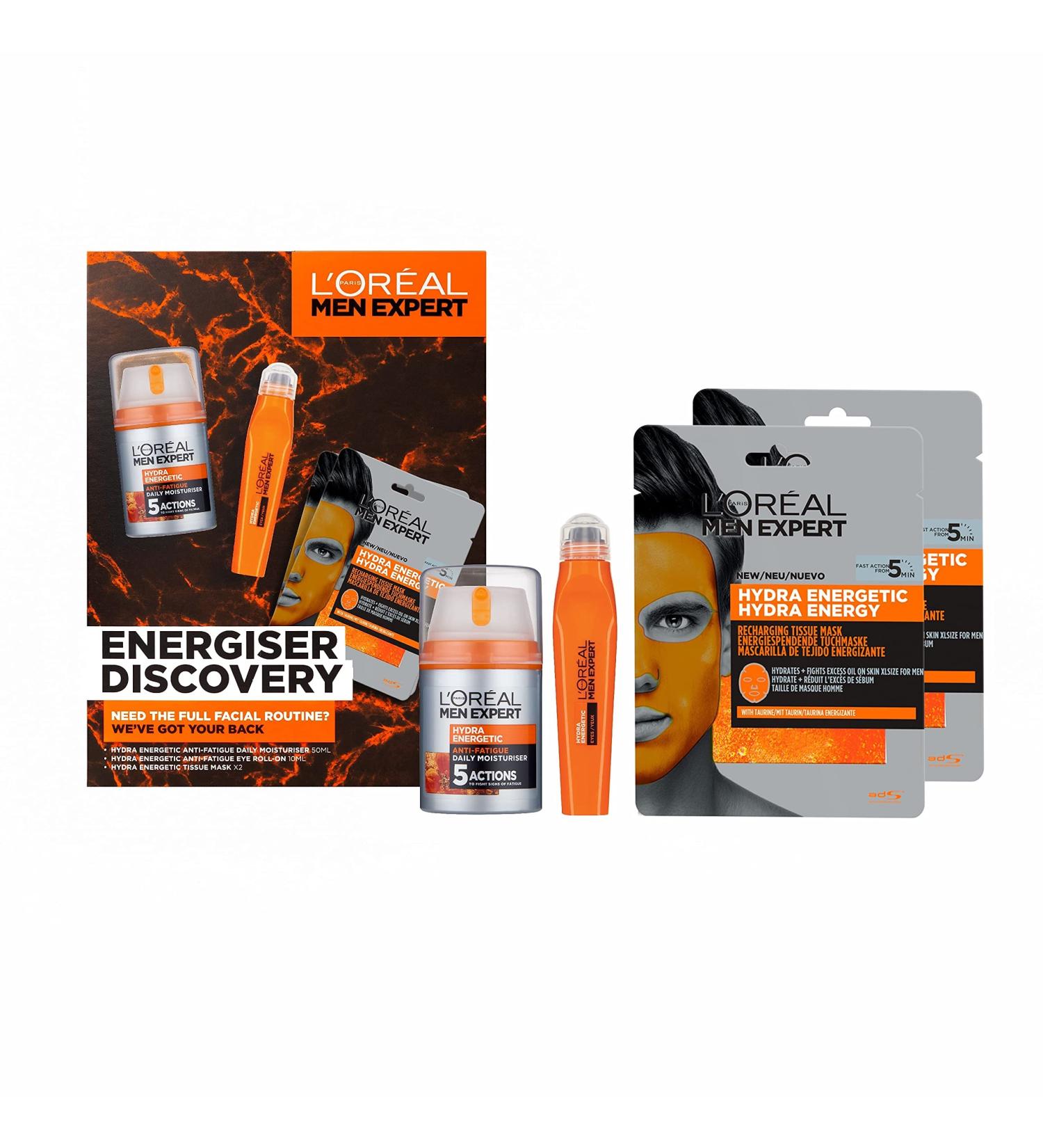 L Or al Paris Men Expert Energiser Discovery Giftset for Men Anti-fatigue Moisturiser 50ml Revitalising Eye Roll On 10ml and Recharging Tissue Mask 30g Hydra Energetic Trio With Vitamin C* - Buy Online on SooperMarket.com