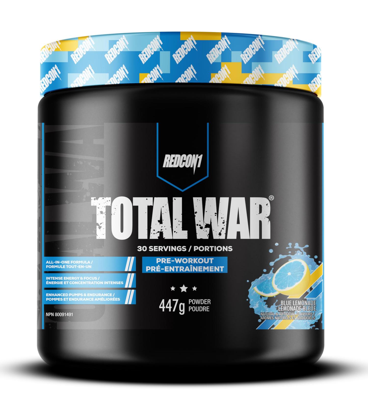 REDCON1 Total War Pre Workout Powder Blue Lemonade - Beta Alanine + Citrulline Malate Vegan & Keto Friendly Preworkout for Men & Women with 250mg of Caffeine - Fast Acting HMB (30 Servings) - Buy Online on SooperMarket.com