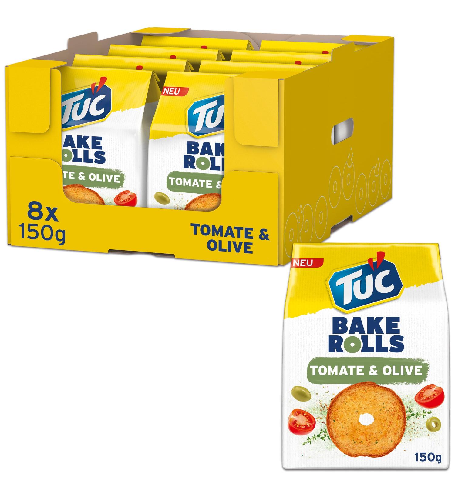 TUC Bake Rolls Tomato & Olive - Crispy Bread Chips & Snack Chips Bulk Pack 8 x 150g | 1.2kg International Shipping - Buy Online on SooperMarket.com